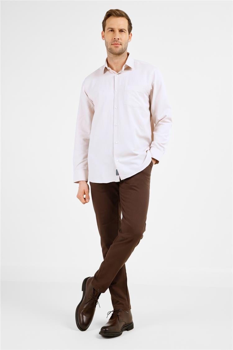 Bej Sert Yaka Uzun Kol Cepli Comfort Fit Pamuklu Gömlek 1004255285