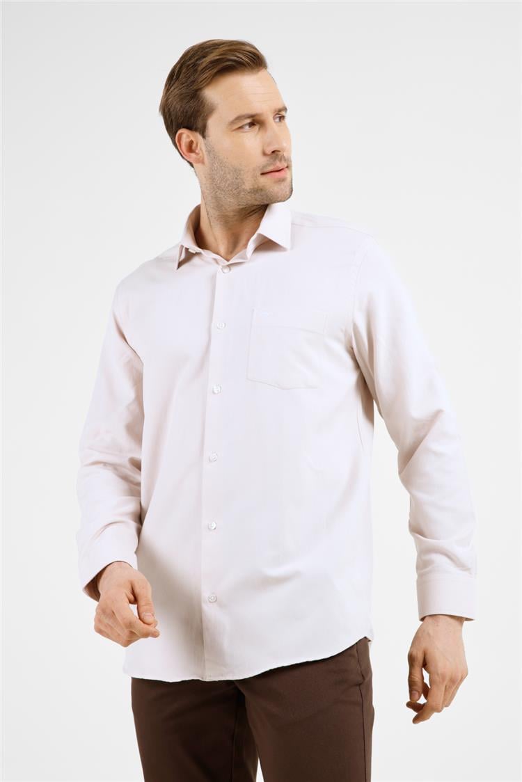 Bej Sert Yaka Uzun Kol Cepli Comfort Fit Pamuklu Gömlek 1004255285