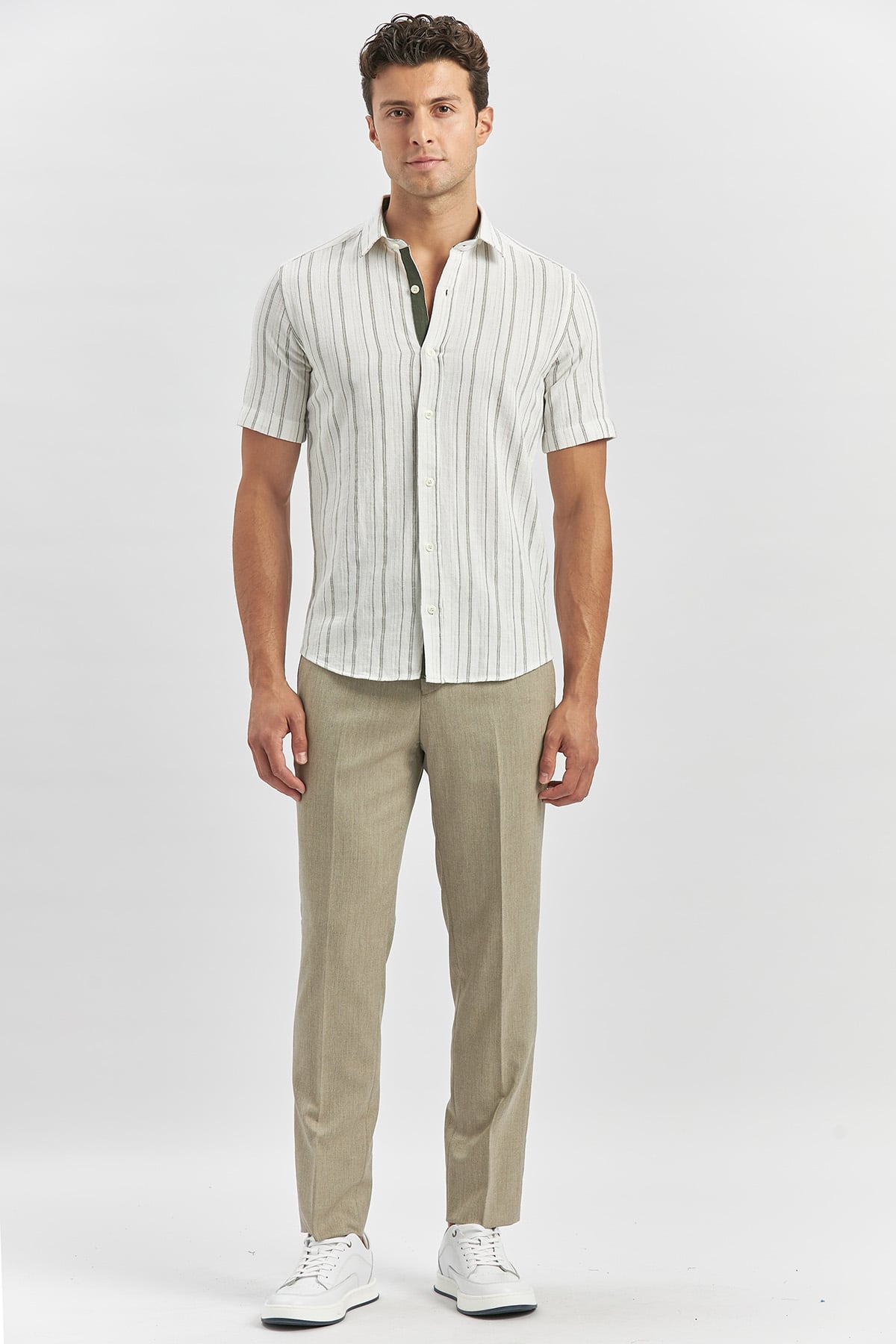 Haki Kısa Kollu Armürlü Garnili Pamuklu Casual Slim Fit Gömlek 1004240244