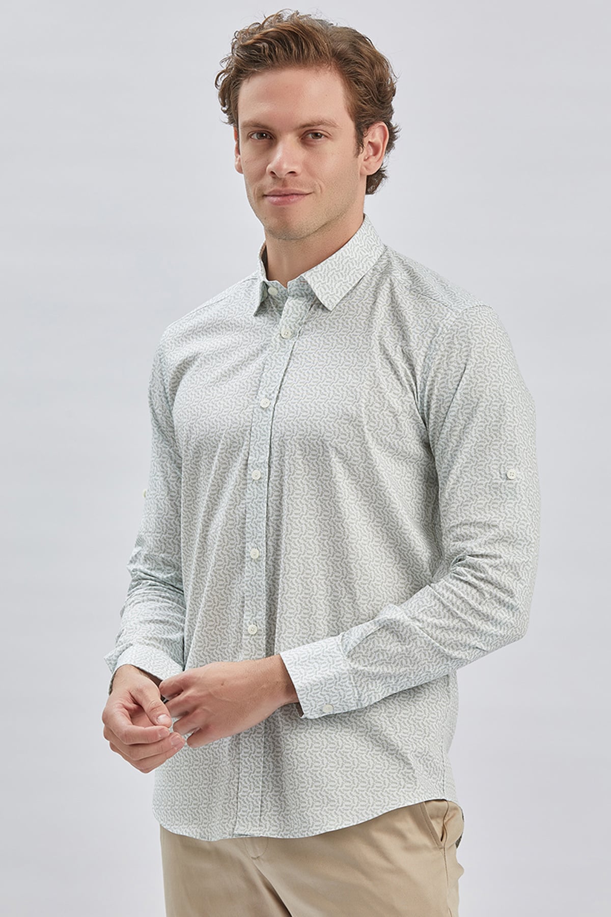 Haki Kısalabilir Kol Baskılı Düğmeli Yaka Cepsiz Klasik Slim Fit Gömlek 1004240116