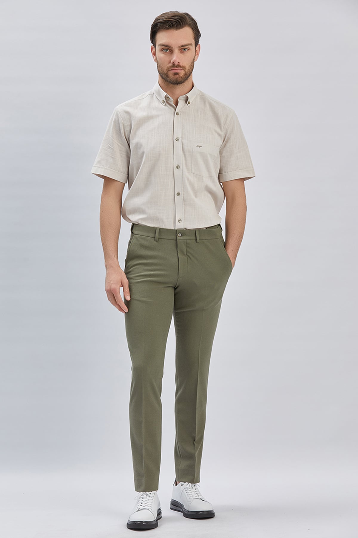 Haki Esnek Lastikli Yandan Cepli Casual Slim Fit Ayarlanabilir Kemer Pantolon 1003240162