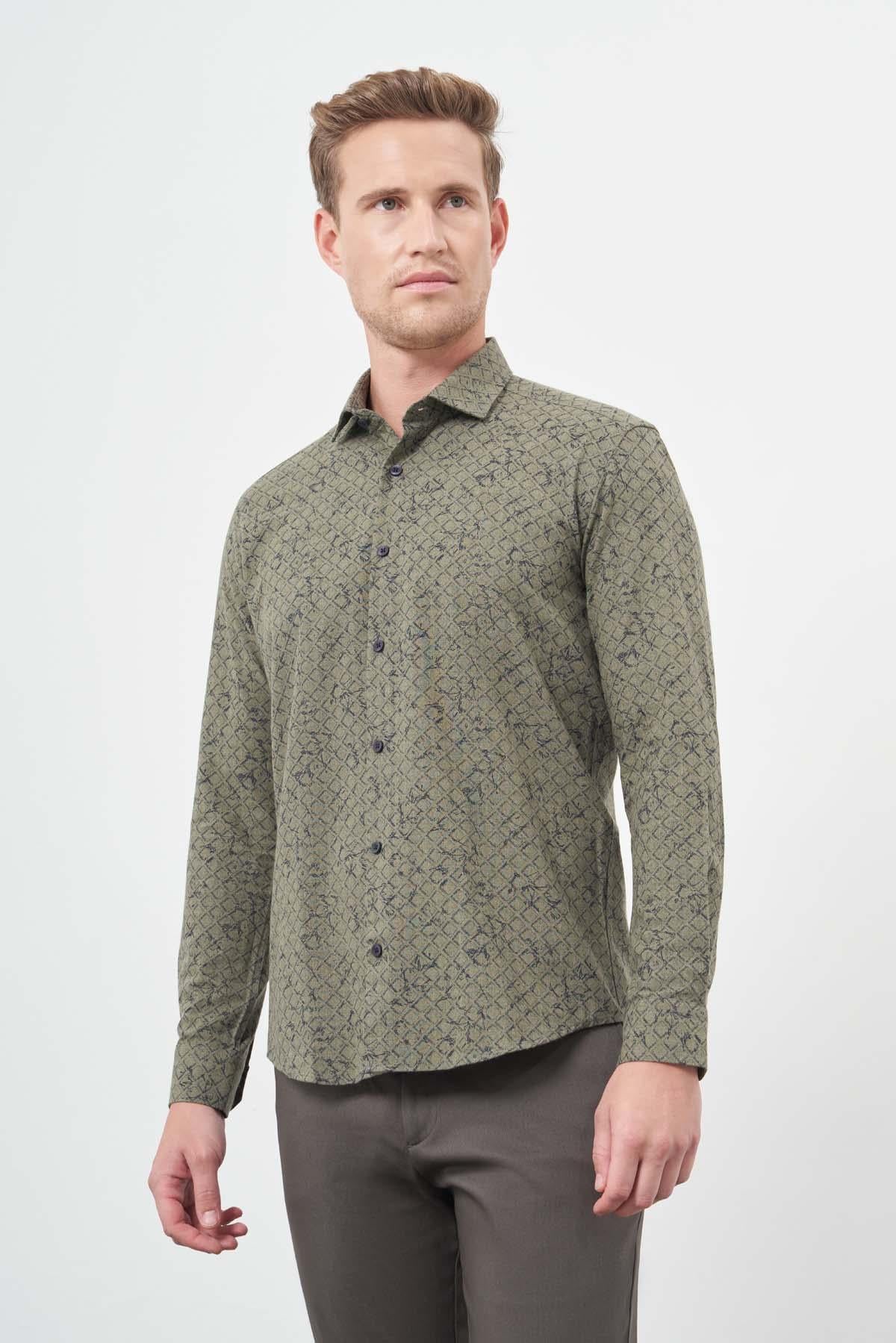Uzun Kol Yarım İtalyan Yaka Cepsiz Pamuklu Classic Slim Fit Gömlek 1004245222