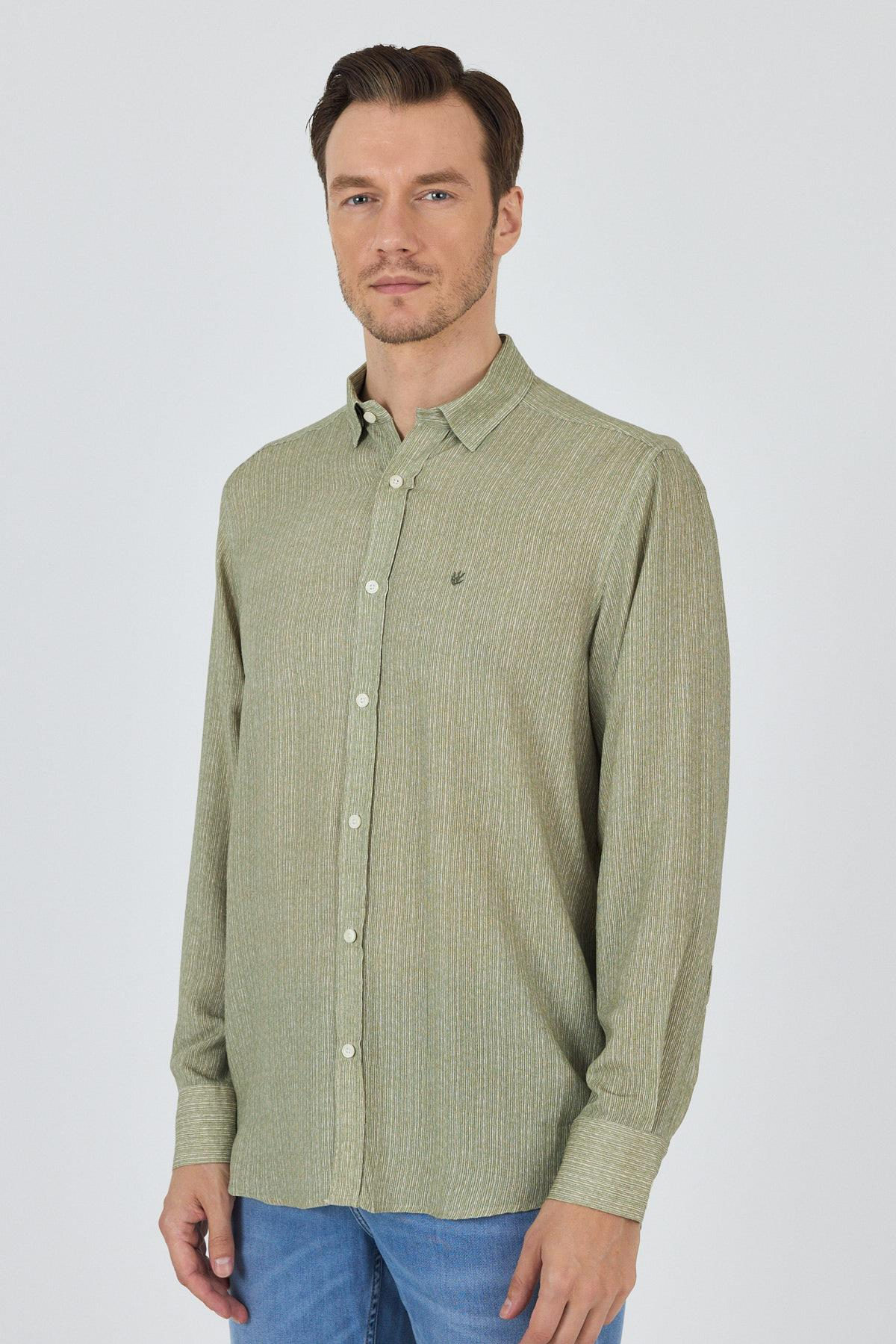Haki Uzun Kol Alttan Biritli Yaka Cepsiz Keten Casual Comfort Gömlek 1004250112_408