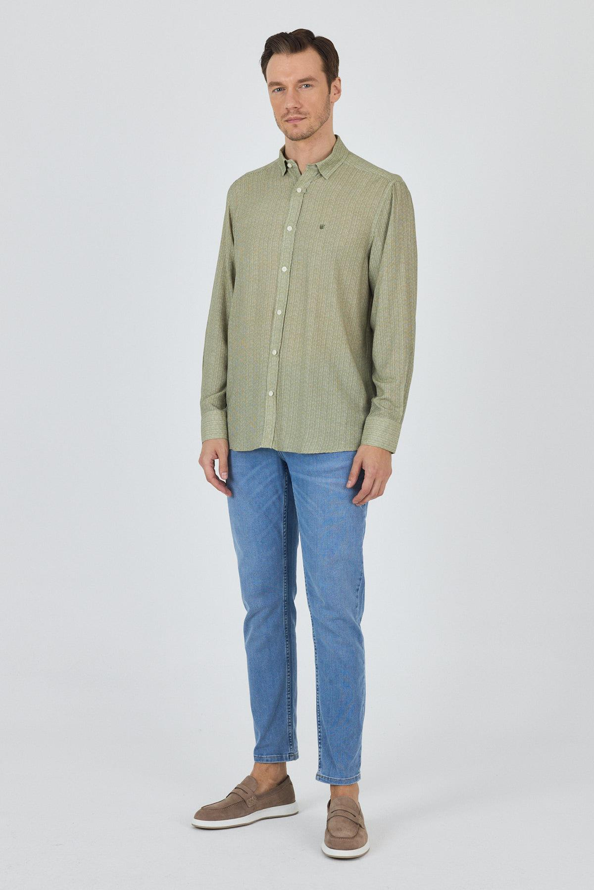 Haki Uzun Kol Alttan Biritli Yaka Cepsiz Keten Casual Comfort Gömlek 1004250112_408