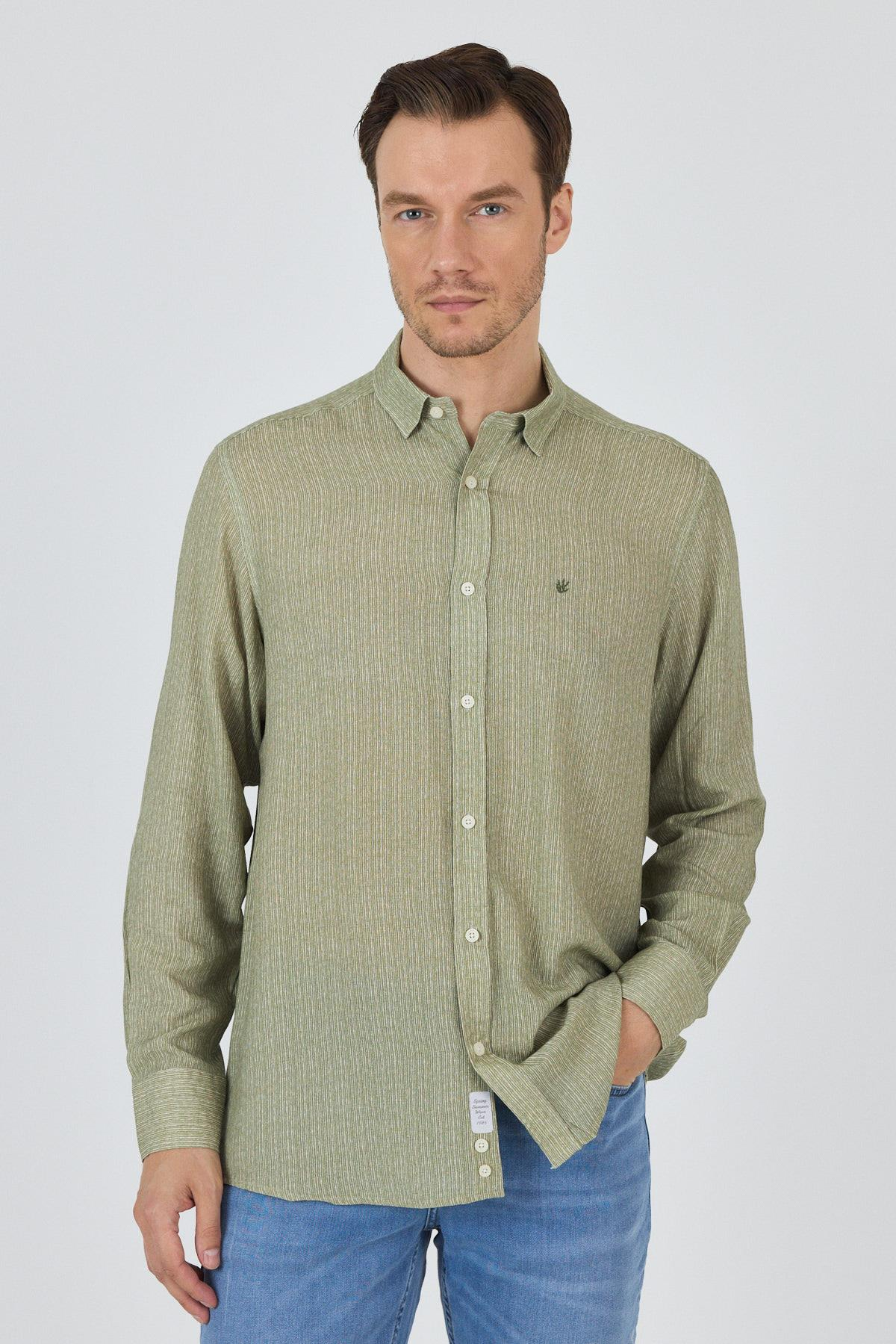 Haki Uzun Kol Alttan Biritli Yaka Cepsiz Keten Casual Comfort Gömlek 1004250112_408