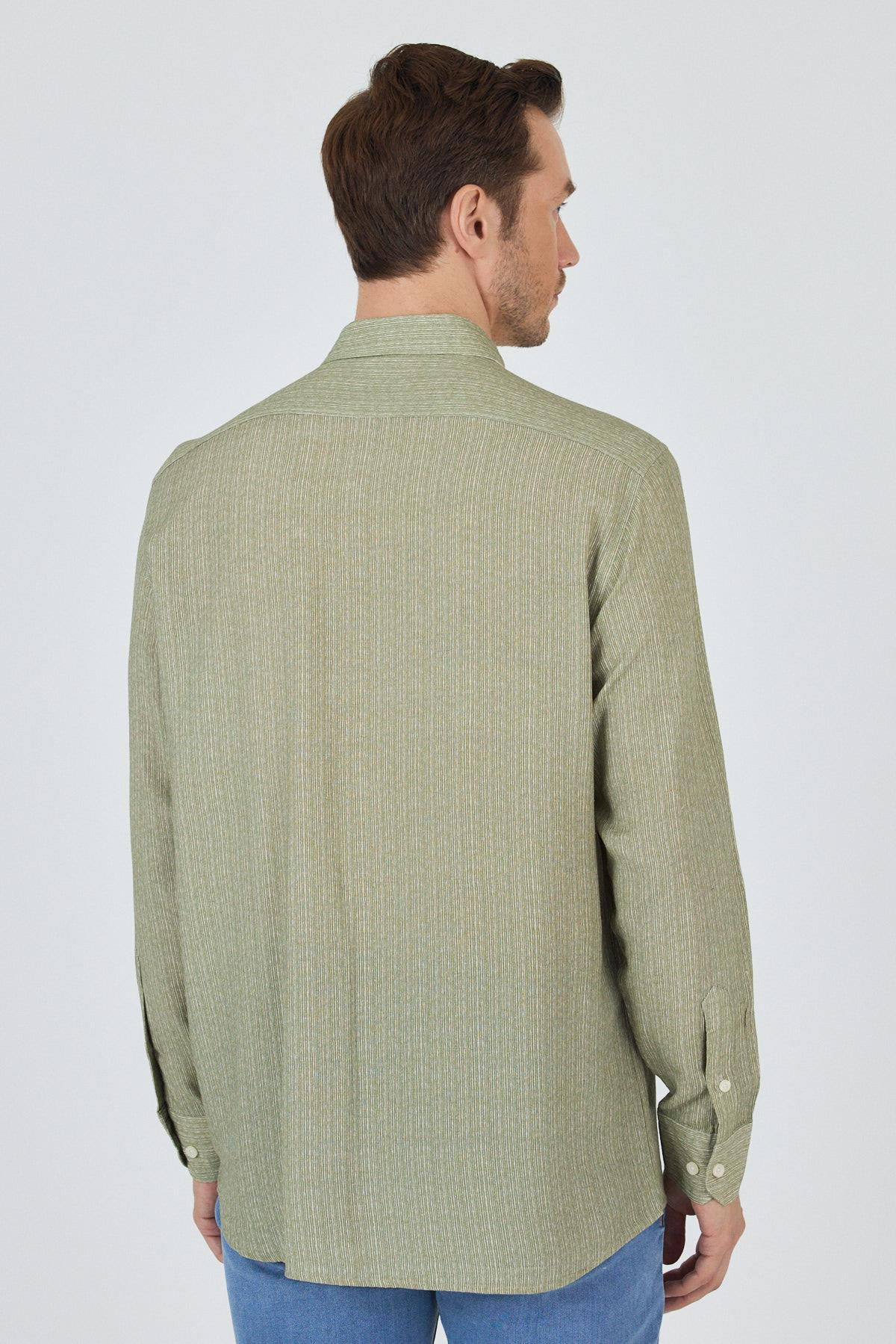 Haki Uzun Kol Alttan Biritli Yaka Cepsiz Keten Casual Comfort Gömlek 1004250112_408