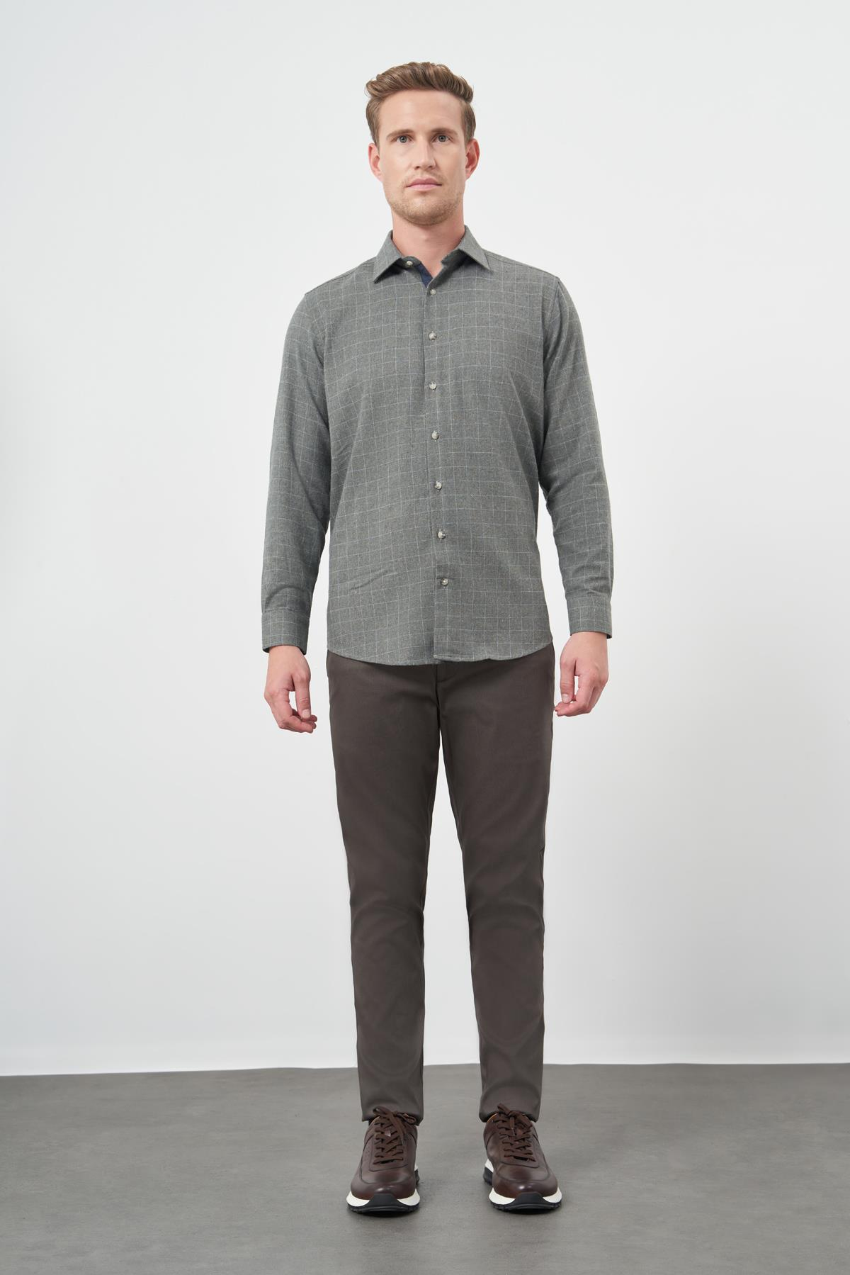Uzun Kol Kareli Desen Gabardin Cepsiz Pamuklu Classic Comfort Fit Gömlek 1004245166