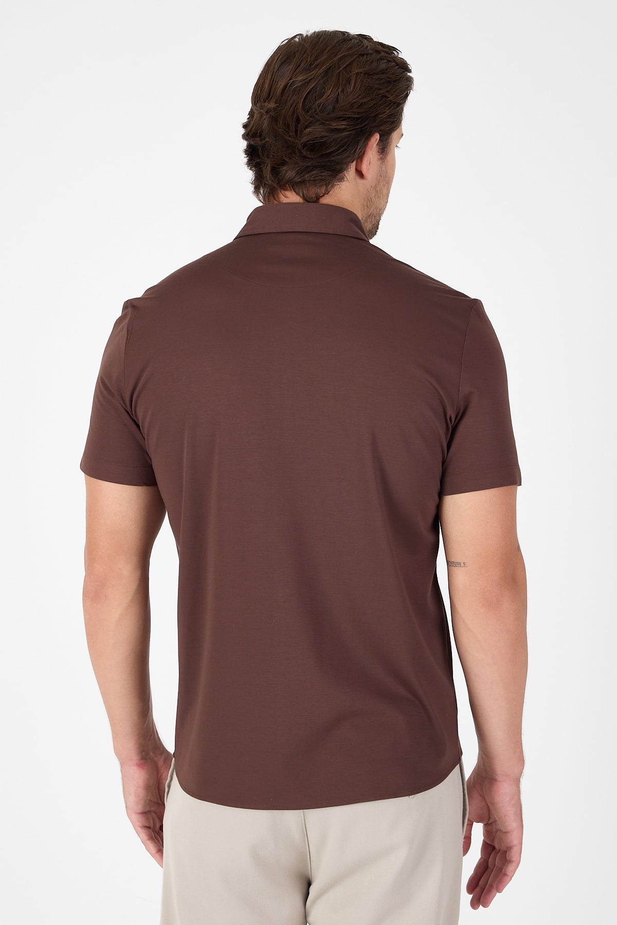 Kahverengi Kısa Kol Düğmeli Yaka Cepsiz Performans Ürün Slim Fit  Gömlek 1004250256