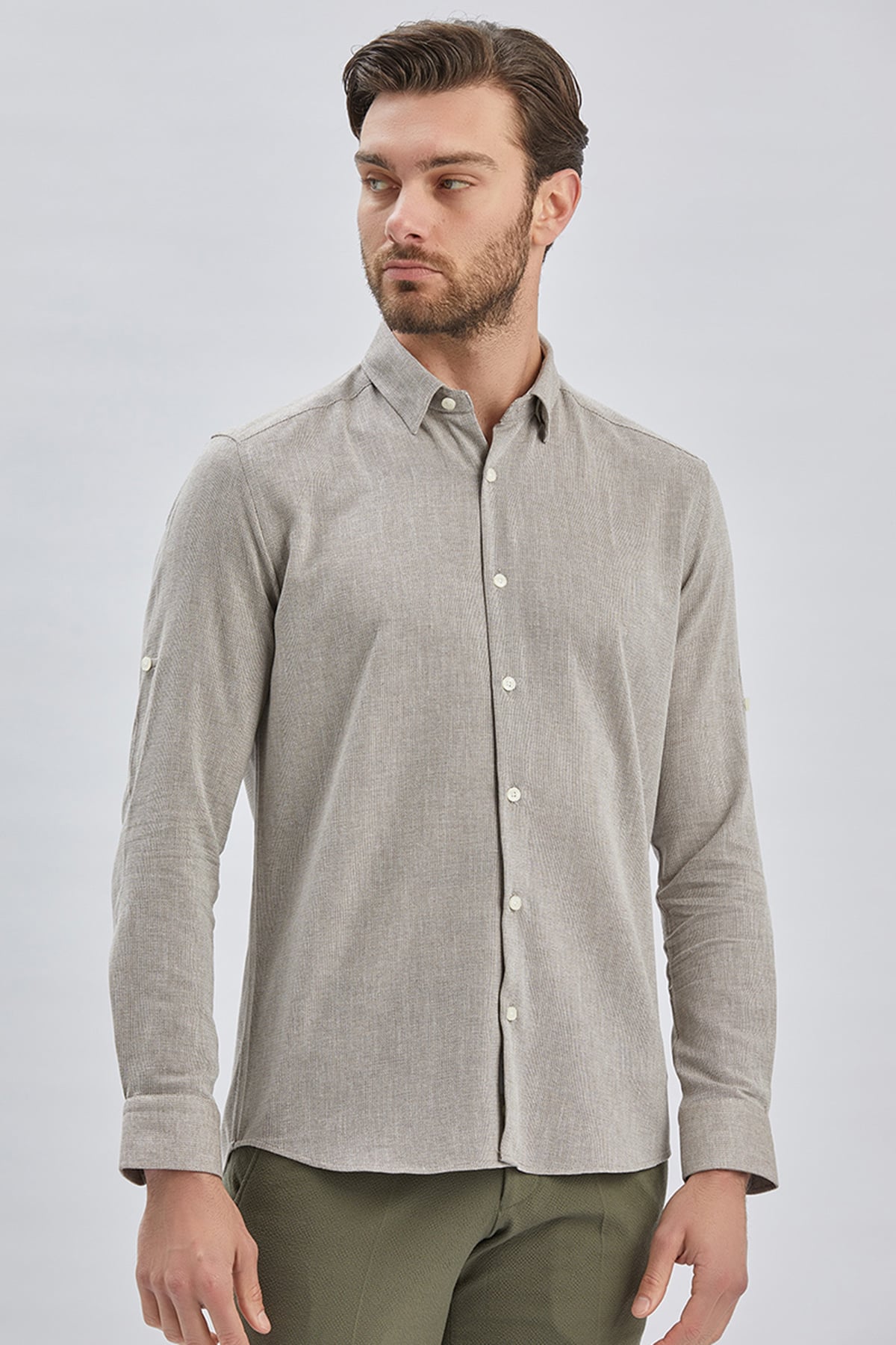 Kahverengi Kısalabilir Kollu Armürlü Biritli Yaka Pamuklu Casual Slim Fit Gömlek 1004240202