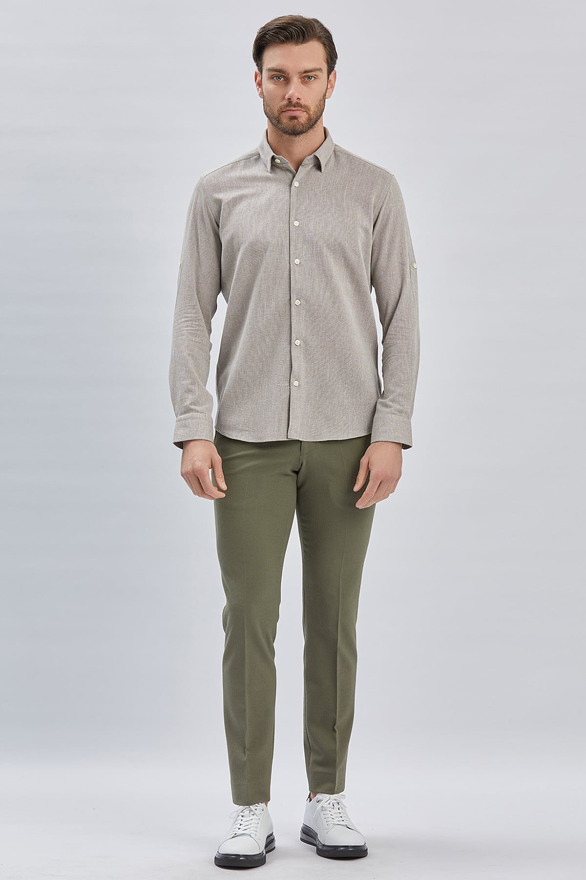 Kahverengi Kısalabilir Kollu Armürlü Biritli Yaka Pamuklu Casual Slim Fit Gömlek 1004240202