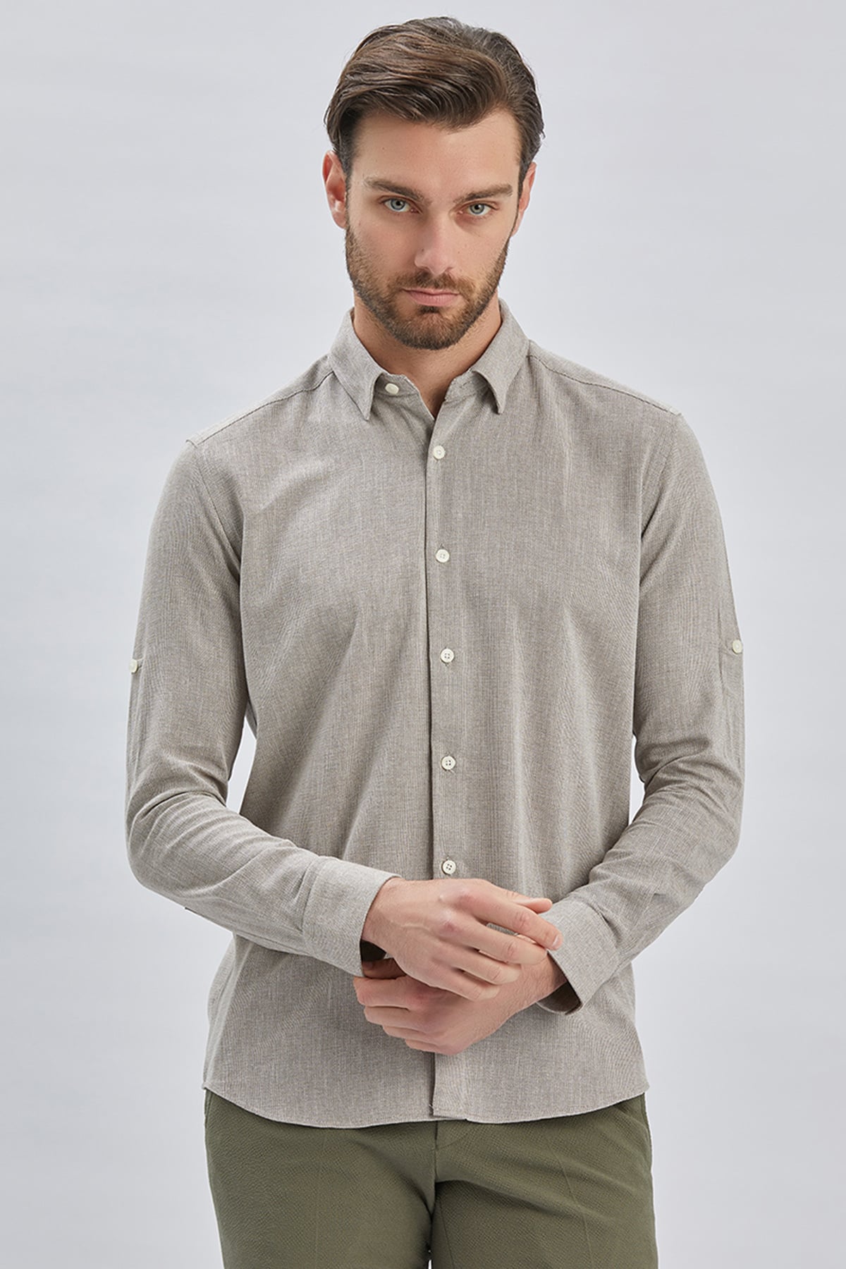 Kahverengi Kısalabilir Kollu Armürlü Biritli Yaka Pamuklu Casual Slim Fit Gömlek 1004240202