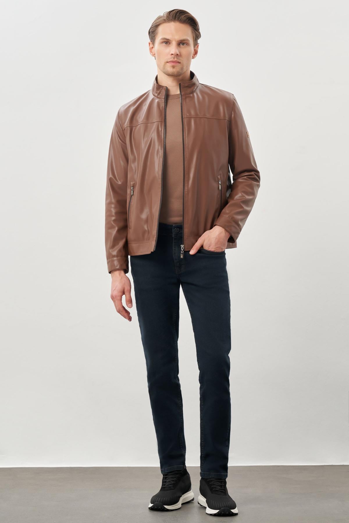 Suni Deri Hakim Yaka Düz Yırtmaçsız Tam Astar Slim Fit Casual Deri Mont 1038245151