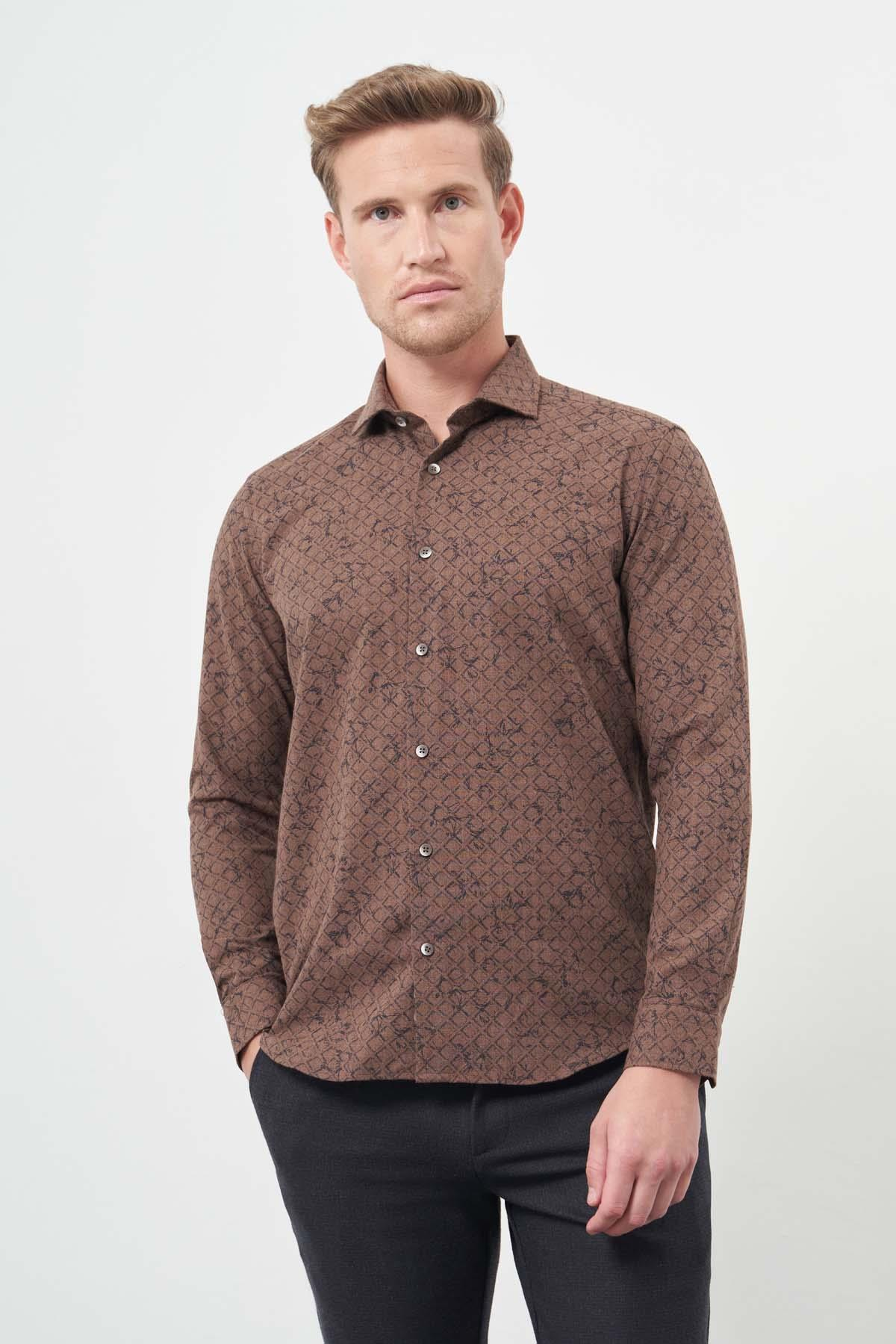 Uzun Kol Yarım İtalyan Yaka Cepsiz Pamuklu Classic Slim Fit Gömlek 1004245222
