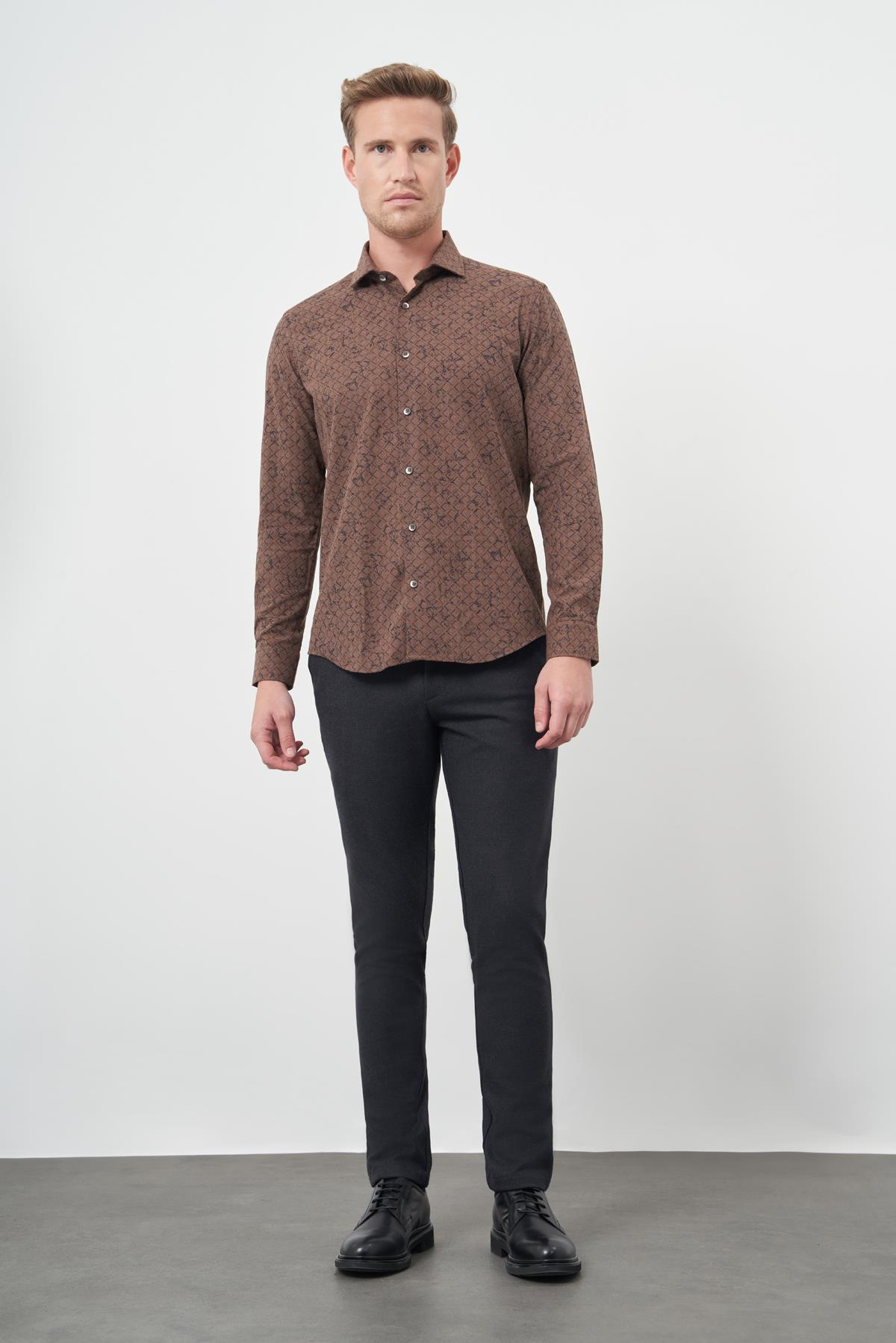 Uzun Kol Yarım İtalyan Yaka Cepsiz Pamuklu Classic Slim Fit Gömlek 1004245222