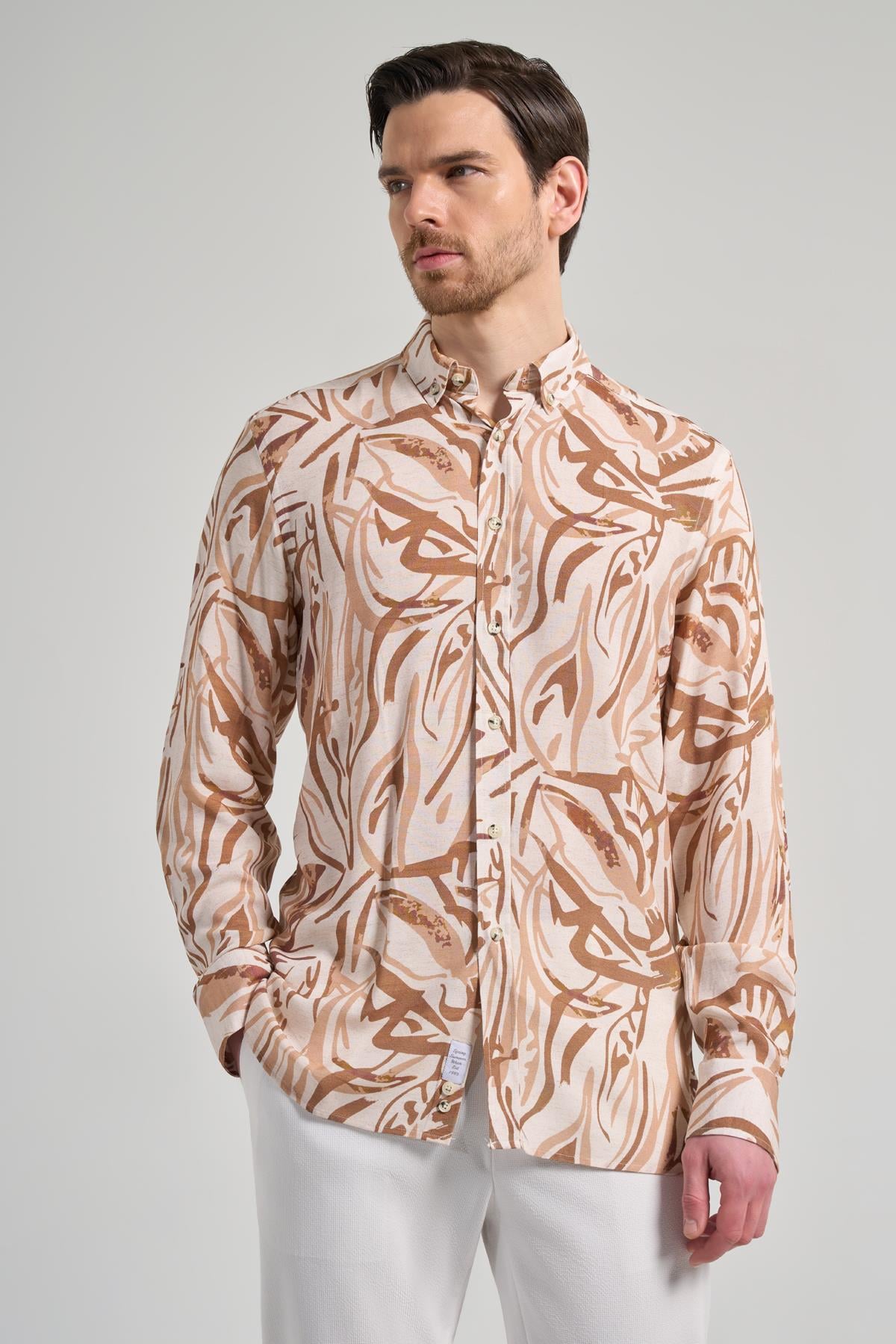 Uzun Kol Baskılı Düğmeli Yaka Cepsiz Casual Slim Fit Gömlek 1004250138