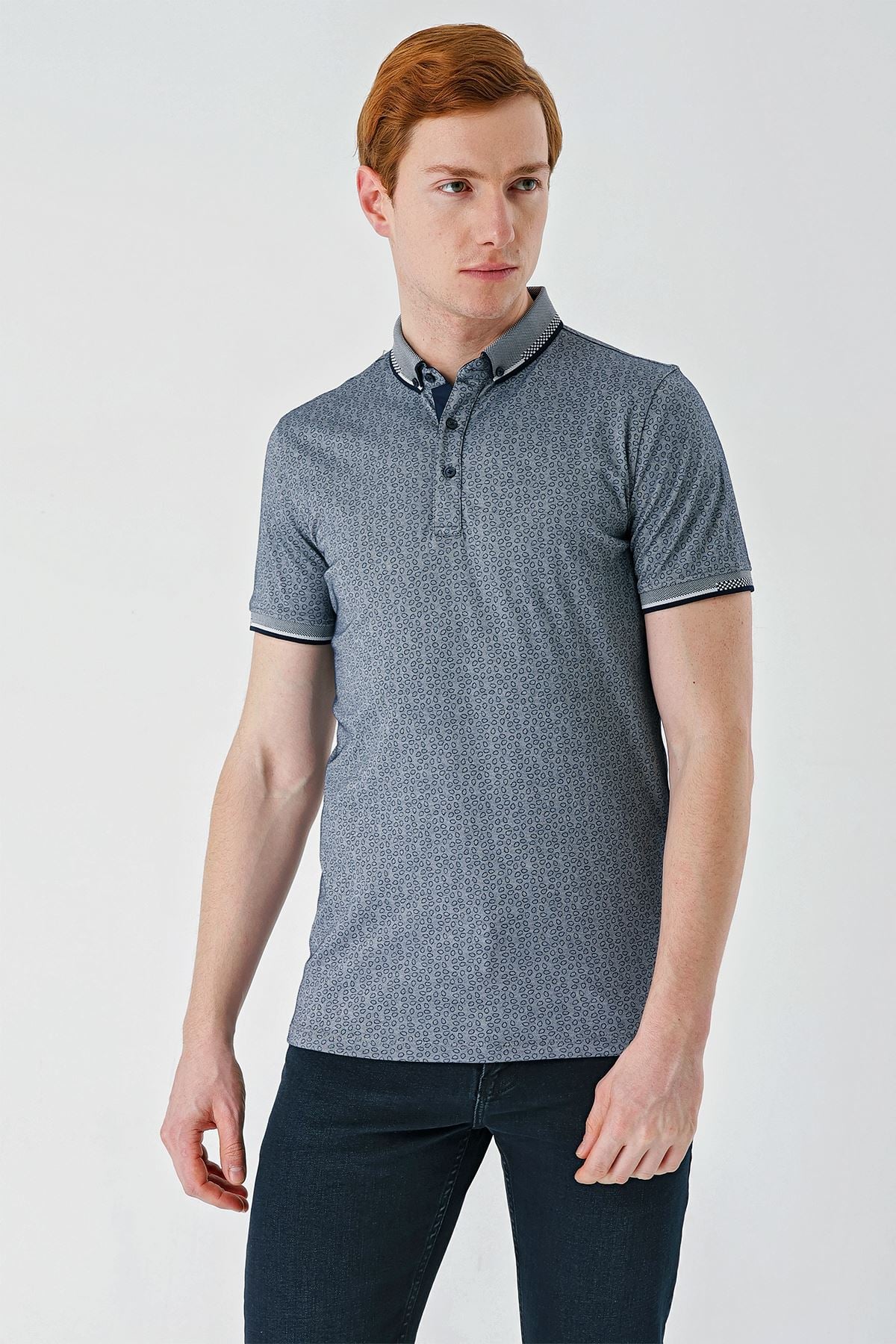 Lacivert Baskılı Oxford Düğmeli Yaka Cepli Pamuklu Casual Slim Fit Dar Kesim Tişört 1011240177