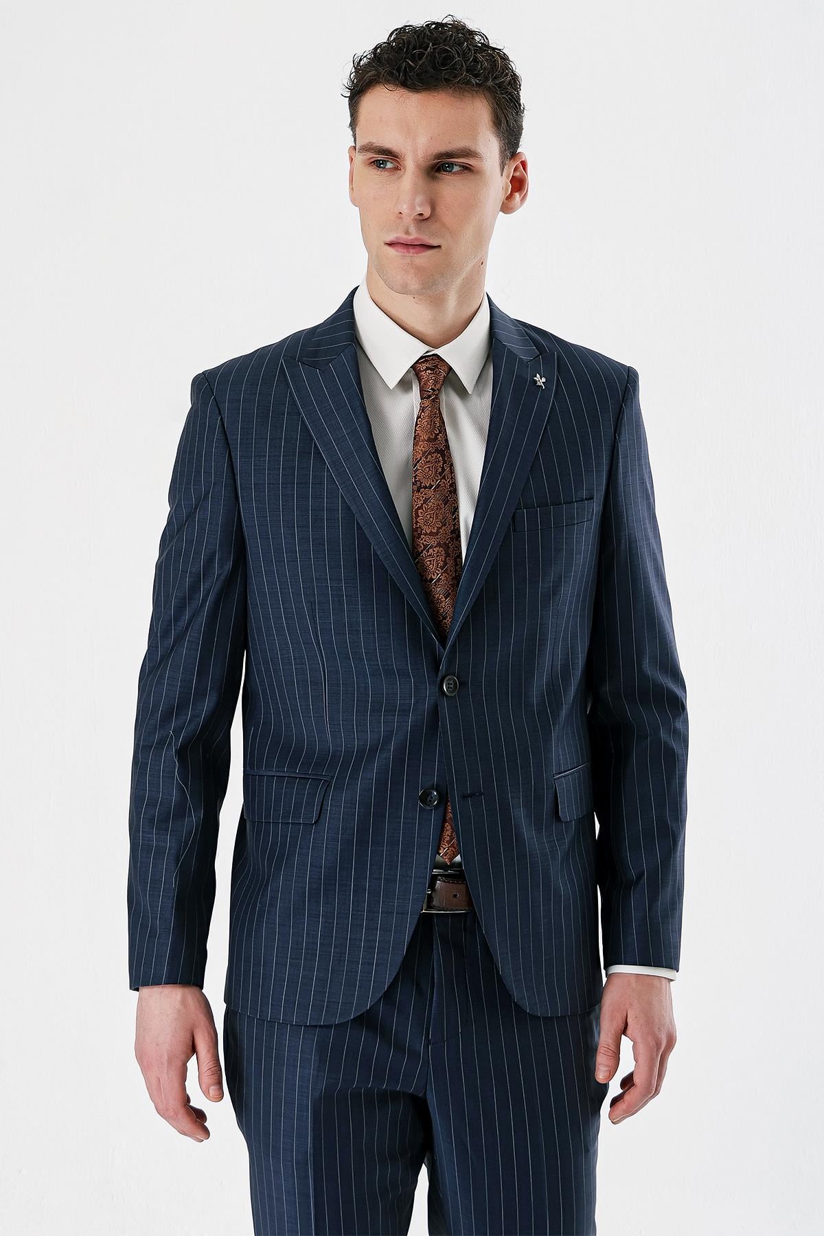 Lacivert Kırlangıç Yaka Çizgili 6 Drop Slim Fit Tam Astar Yünlü Takım Elbise 1001240159