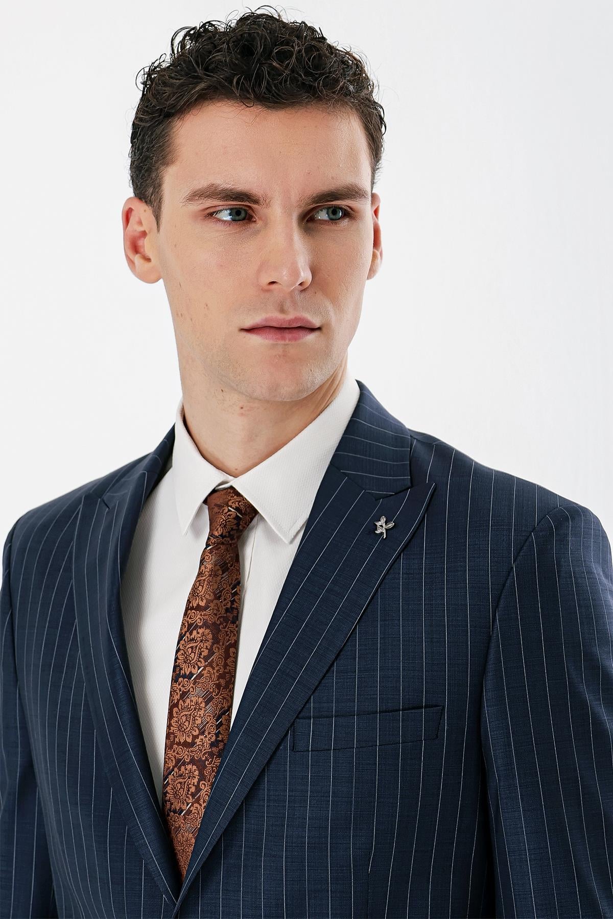 Lacivert Kırlangıç Yaka Çizgili 6 Drop Slim Fit Tam Astar Yünlü Takım Elbise 1001240159