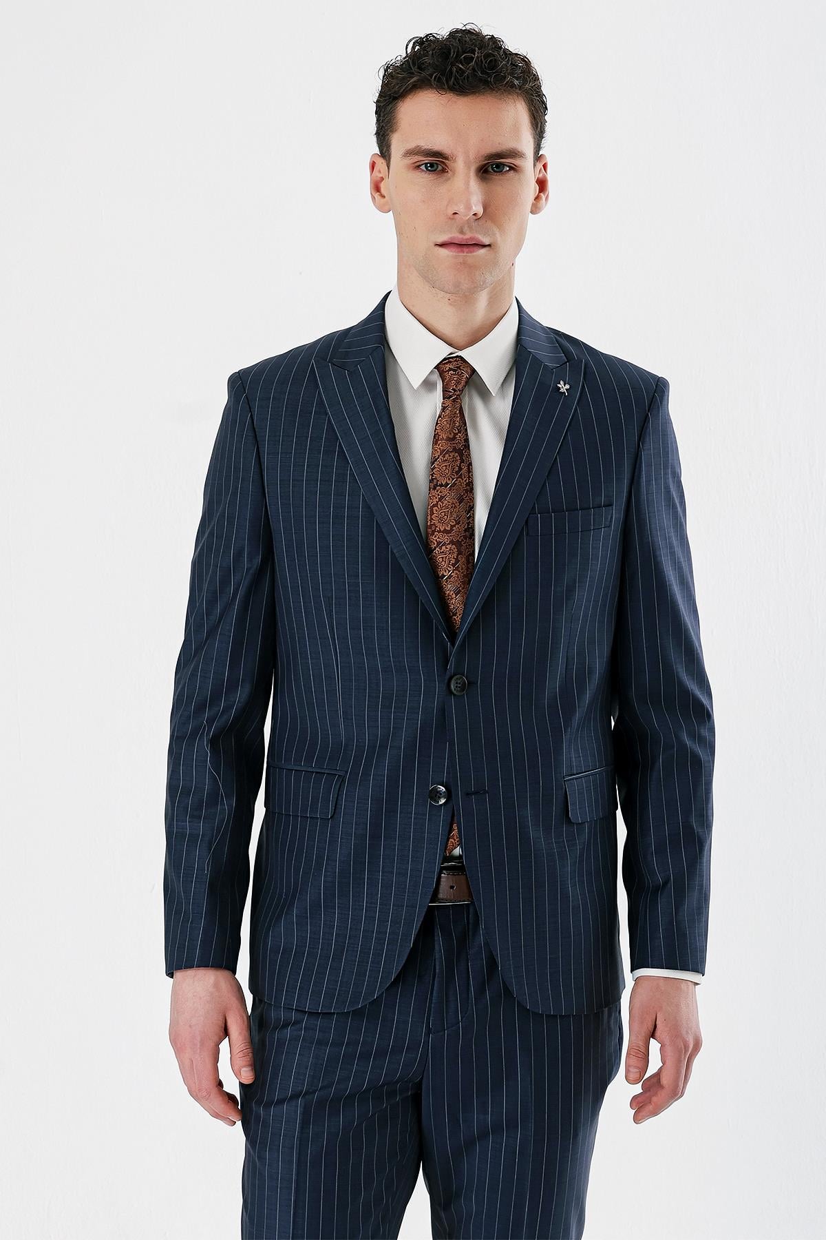 Lacivert Kırlangıç Yaka Çizgili 6 Drop Slim Fit Tam Astar Yünlü Takım Elbise 1001240159