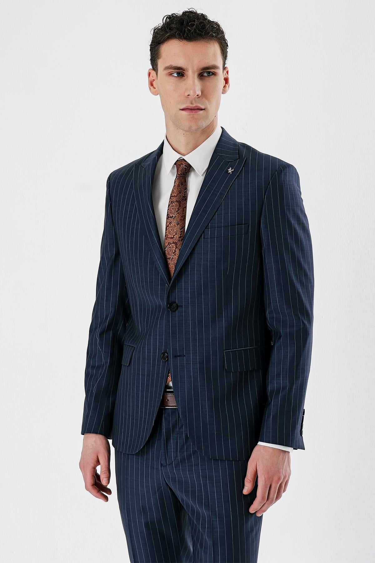 Lacivert Kırlangıç Yaka Çizgili 6 Drop Slim Fit Tam Astar Yünlü Takım Elbise 1001240159