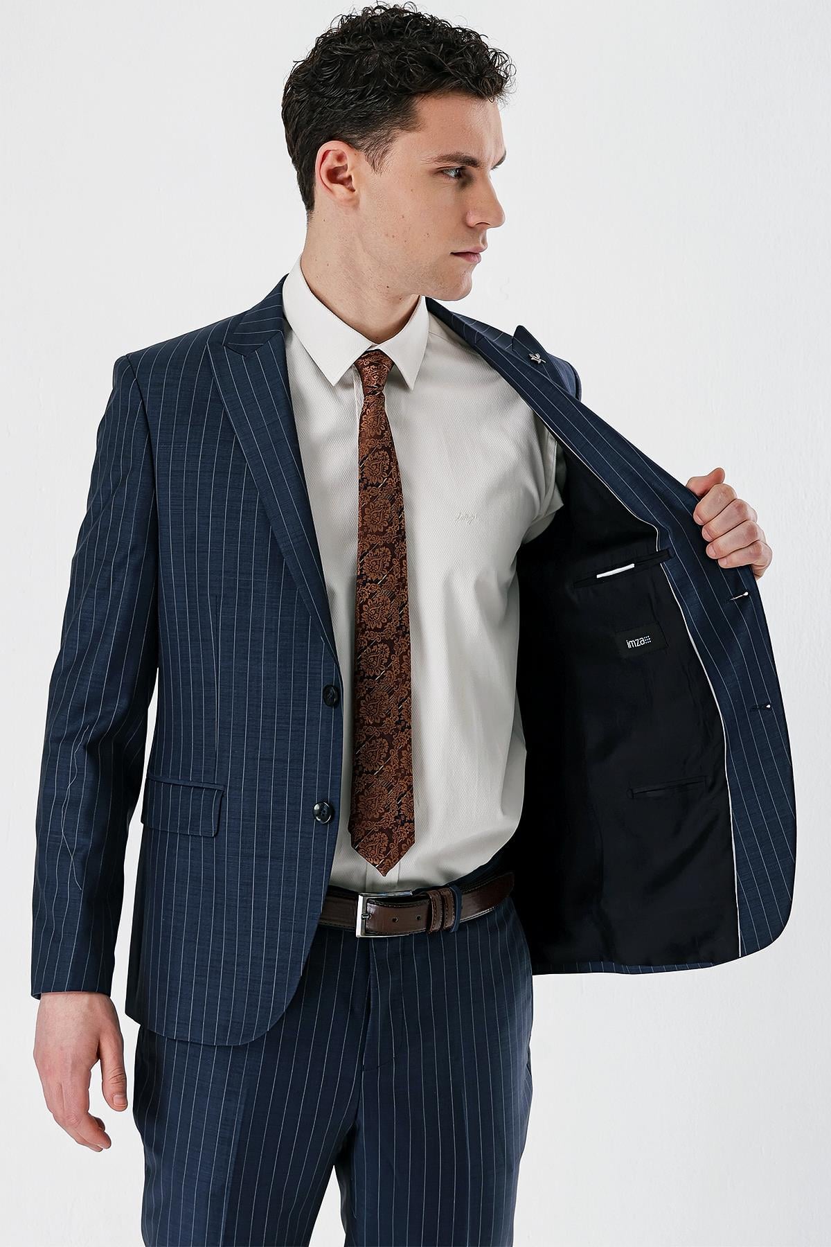 Lacivert Kırlangıç Yaka Çizgili 6 Drop Slim Fit Tam Astar Yünlü Takım Elbise 1001240159
