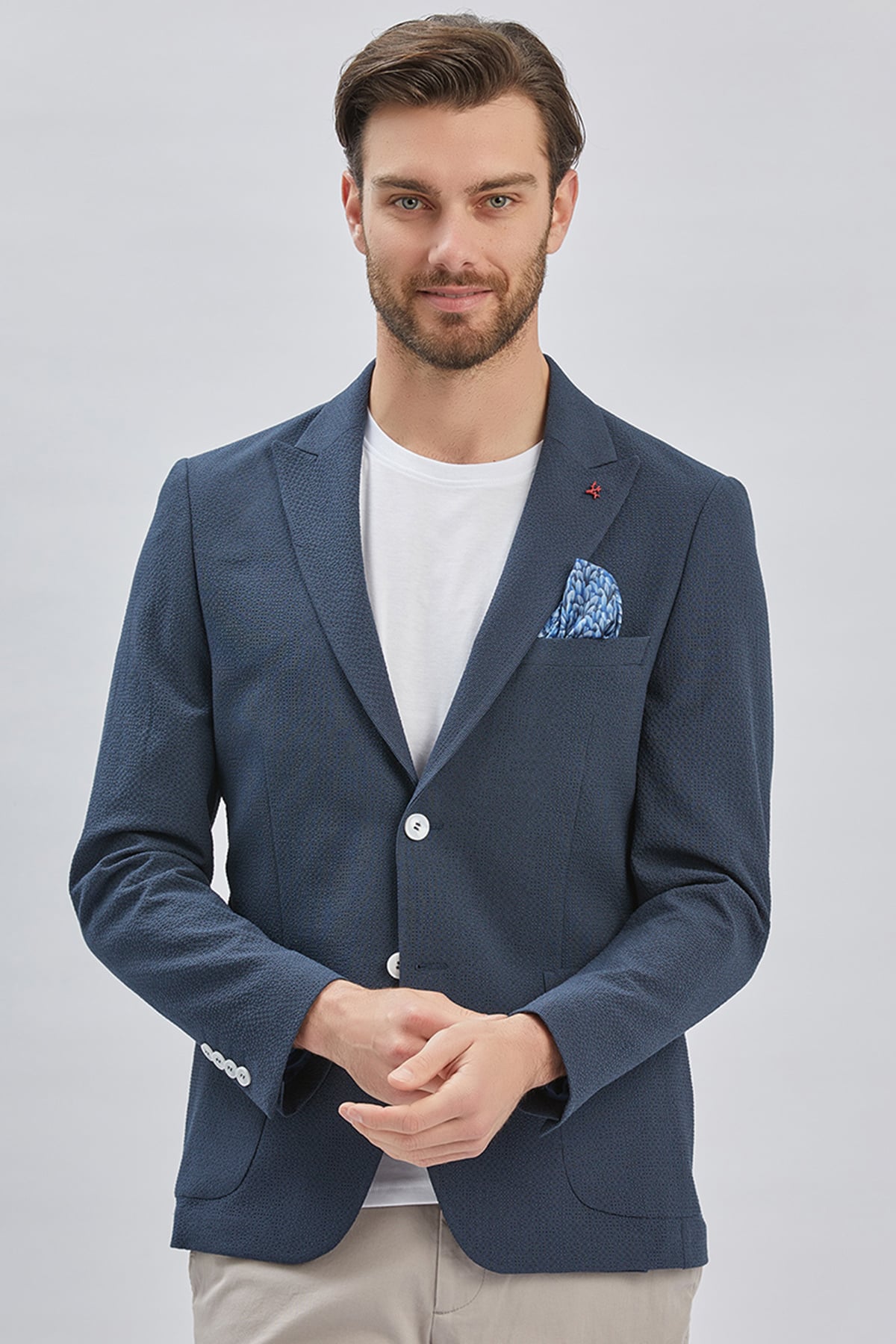 Lacivert Desenli Kırlangıç Yaka Likralı 6 Drop Slim Fit Dar Kesim Casual Ceket 1002240155
