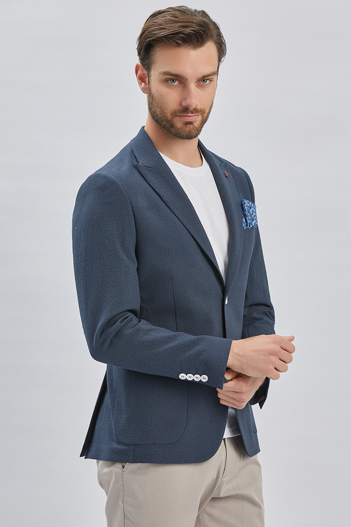 Lacivert Desenli Kırlangıç Yaka Likralı 6 Drop Slim Fit Dar Kesim Casual Ceket 1002240155
