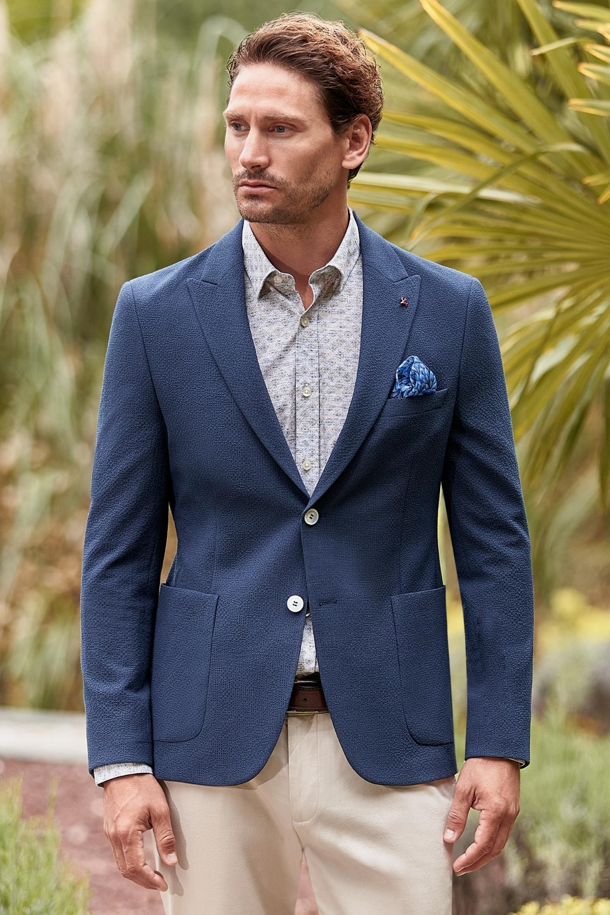 Lacivert Desenli Kırlangıç Yaka Likralı 6 Drop Slim Fit Dar Kesim Casual Ceket 1002240155