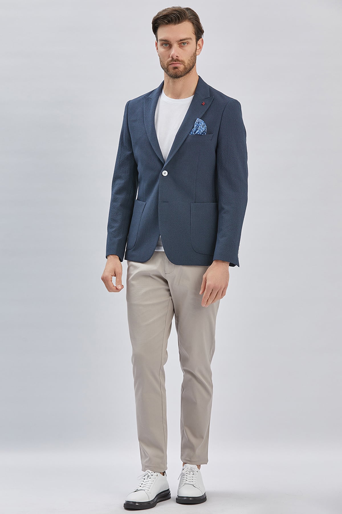 Lacivert Desenli Kırlangıç Yaka Likralı 6 Drop Slim Fit Dar Kesim Casual Ceket 1002240155