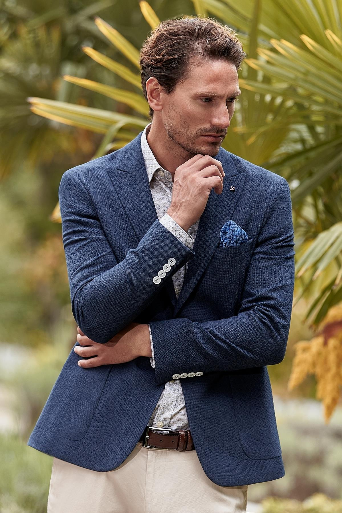 Lacivert Desenli Kırlangıç Yaka Likralı 6 Drop Slim Fit Dar Kesim Casual Ceket 1002240155