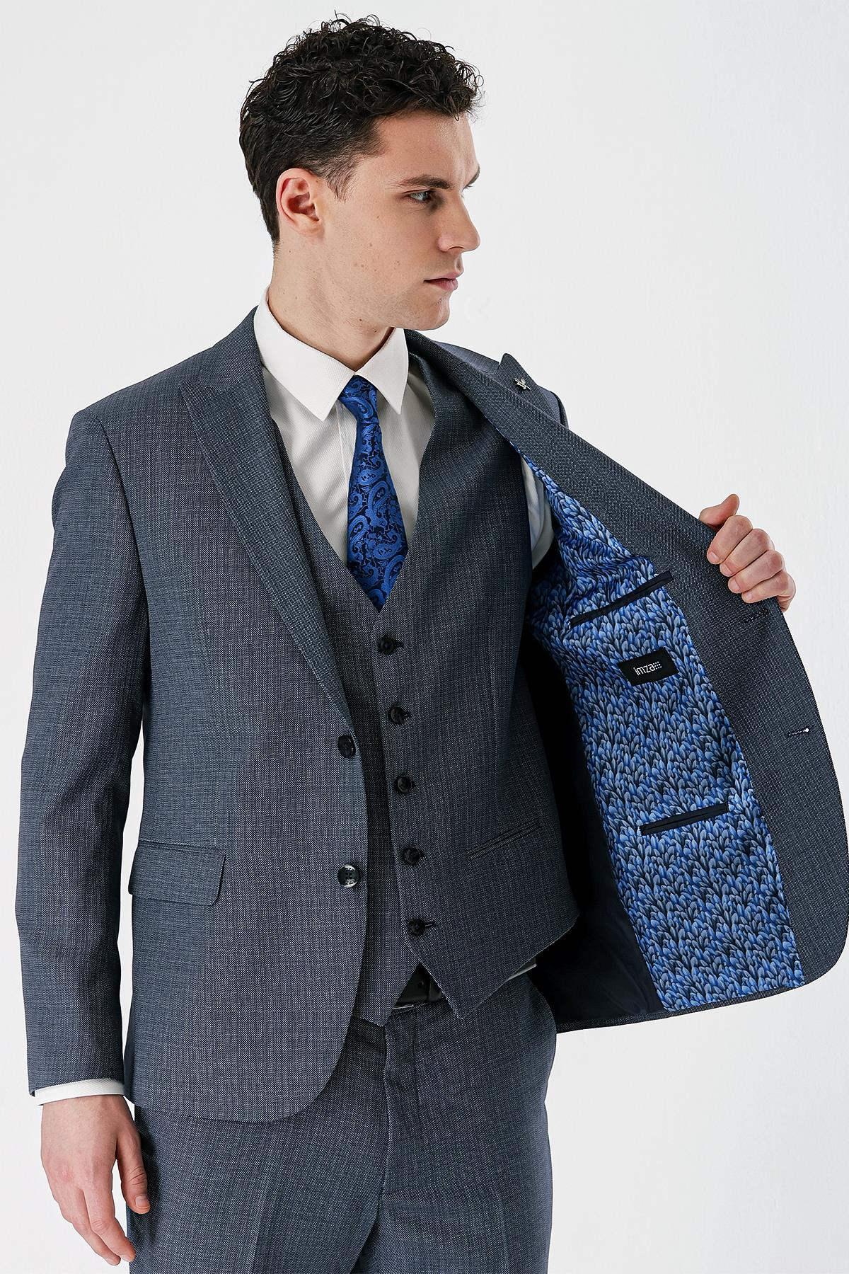 Koyu Lacivert Kırlangıç Yaka Yelekli 6 Drop Slim Fit Klasik Takım Elbise 1001240157