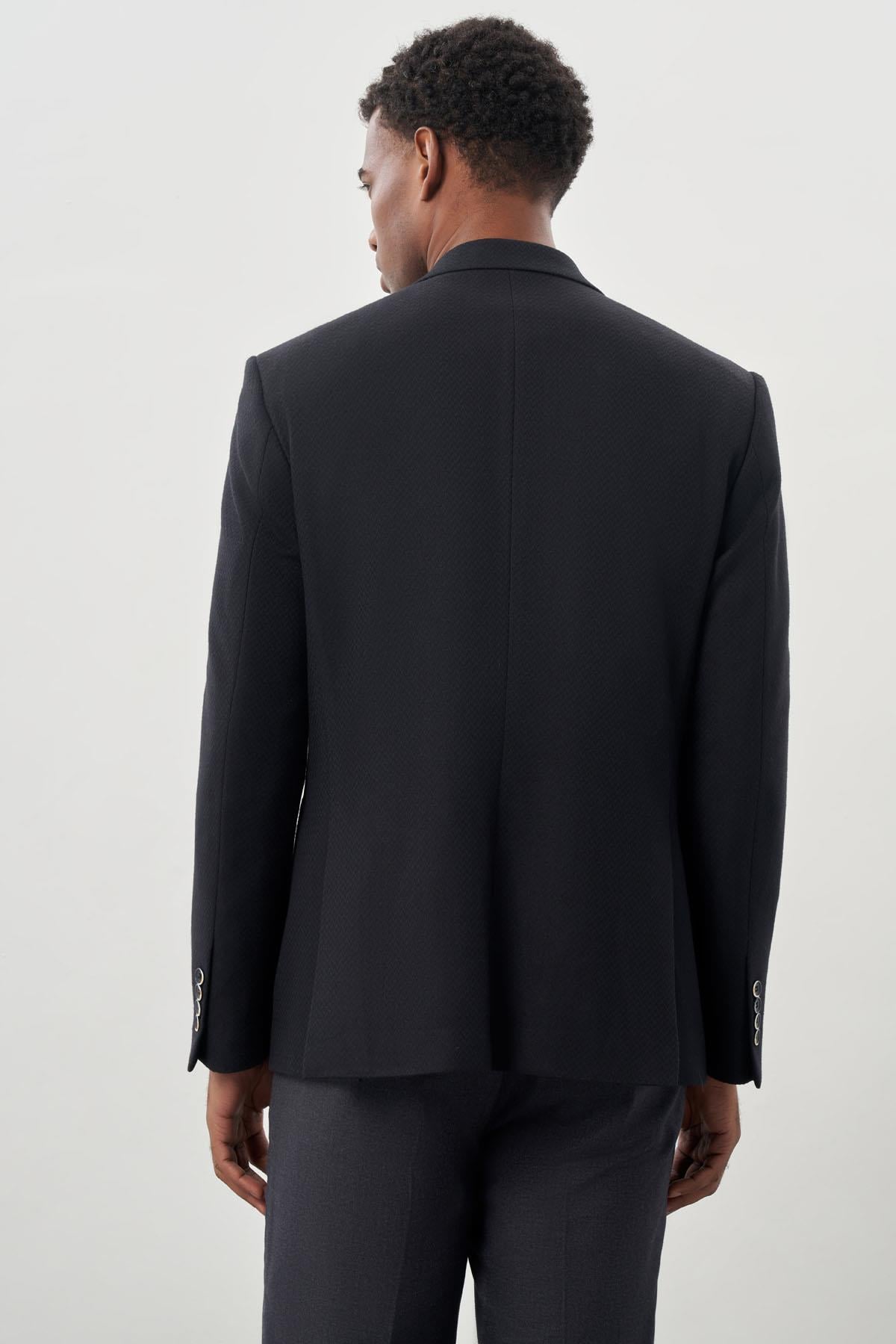 Lacivert Desenli Örme Mono Yaka Tam Astar Esnek 6 Drop Comfort Fit Casual Ceket 1002245163