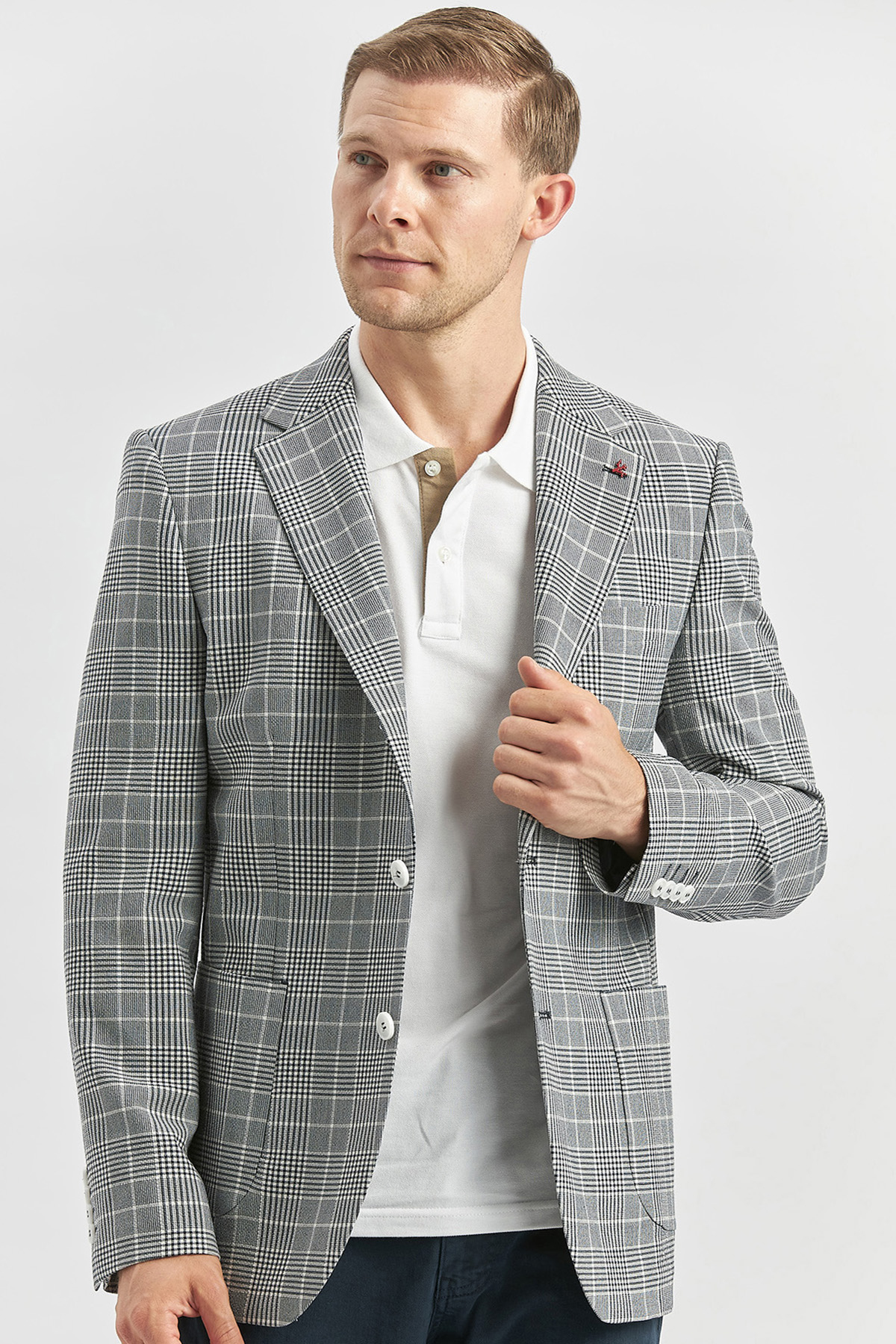 Lacivert Ekoseli Armürlü Mono Yaka Likralı 6 Drop Slim Fit Dar Kesim Klasik Ceket 1002240115