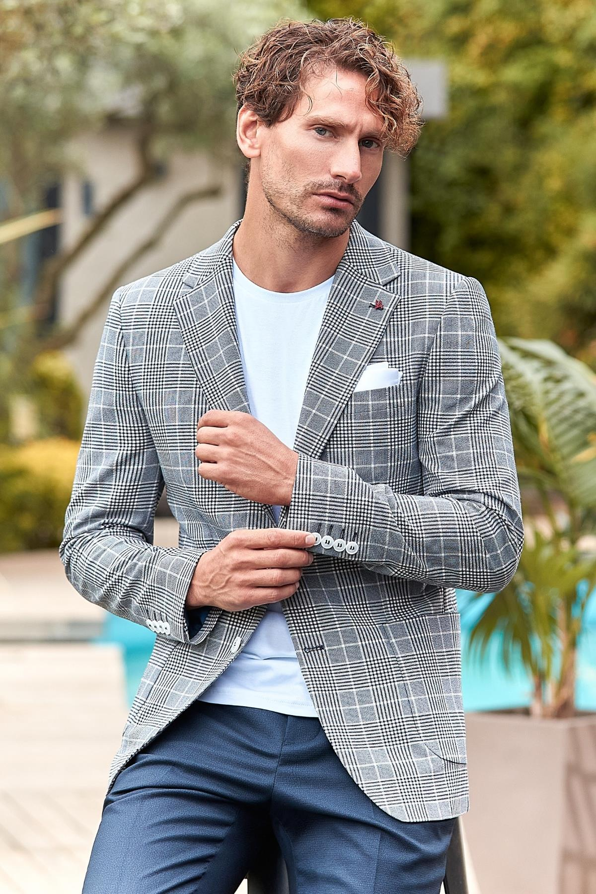 Lacivert Ekoseli Armürlü Mono Yaka Likralı 6 Drop Slim Fit Dar Kesim Klasik Ceket 1002240115