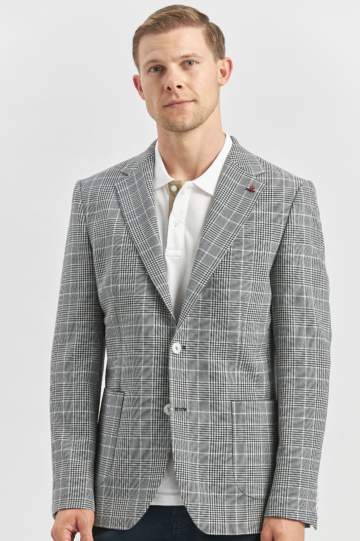 Lacivert Ekoseli Armürlü Mono Yaka Likralı 6 Drop Slim Fit Dar Kesim Klasik Ceket 1002240115