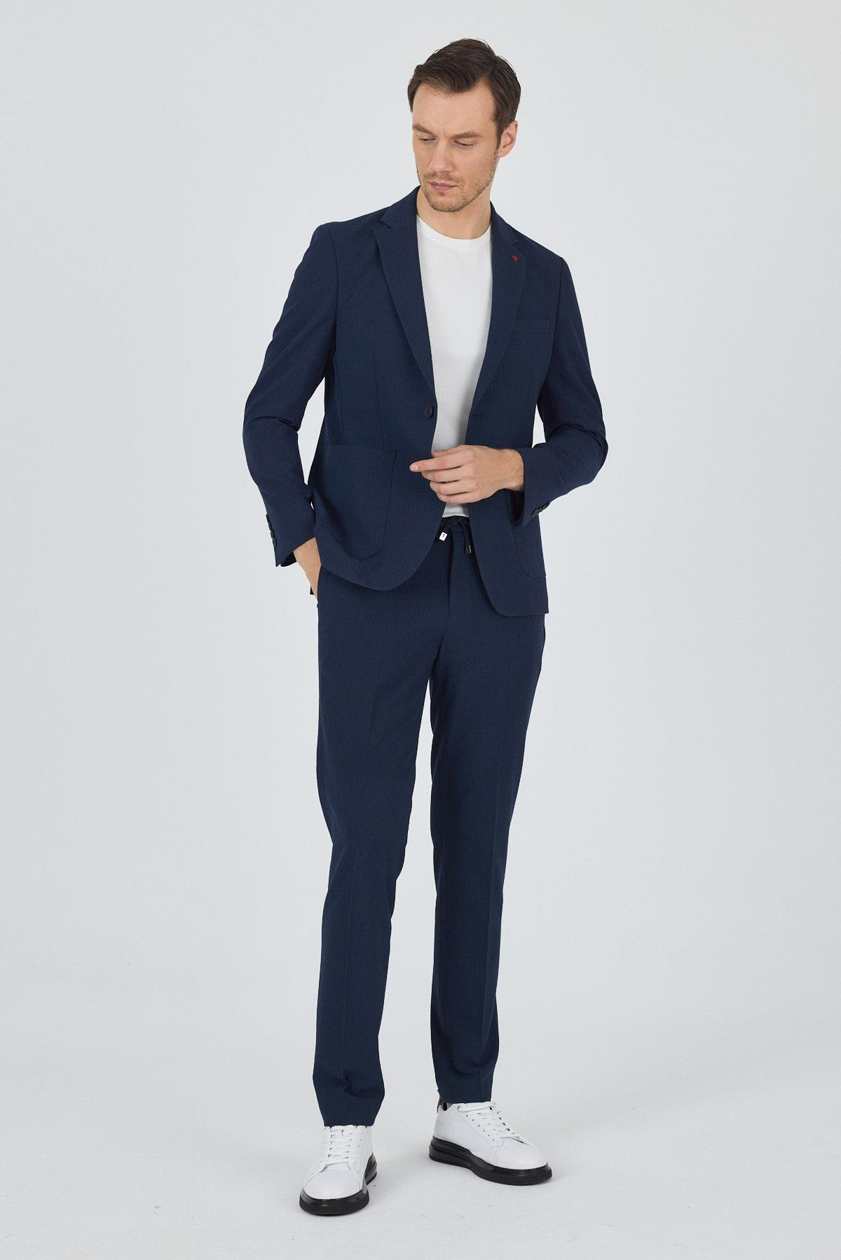 Lacivert  Gofreli Mono Yaka Esnek 6 Drop Slim Fit Classic Takım Elbise 1001250117