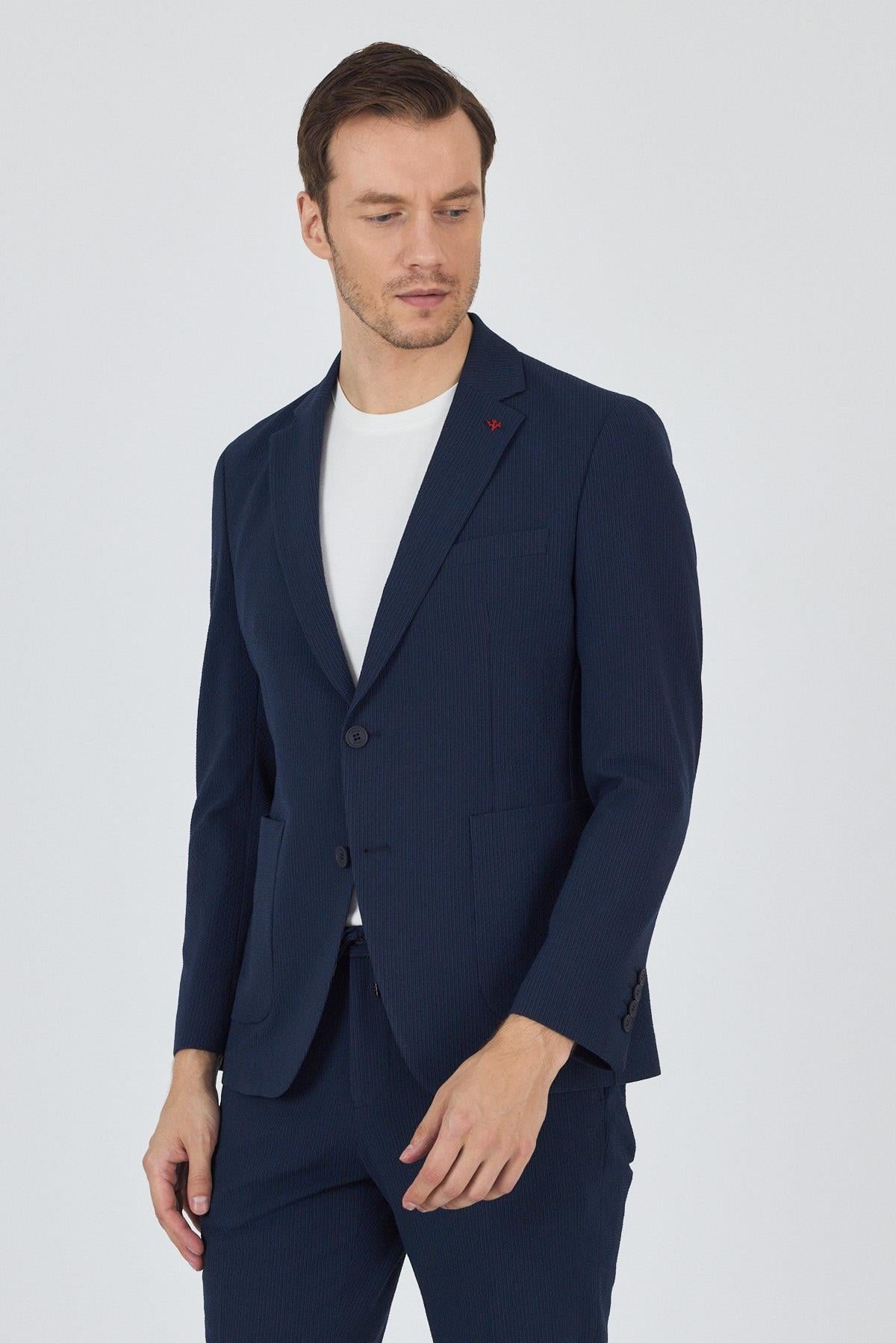 Lacivert  Gofreli Mono Yaka Esnek 6 Drop Slim Fit Classic Takım Elbise 1001250117