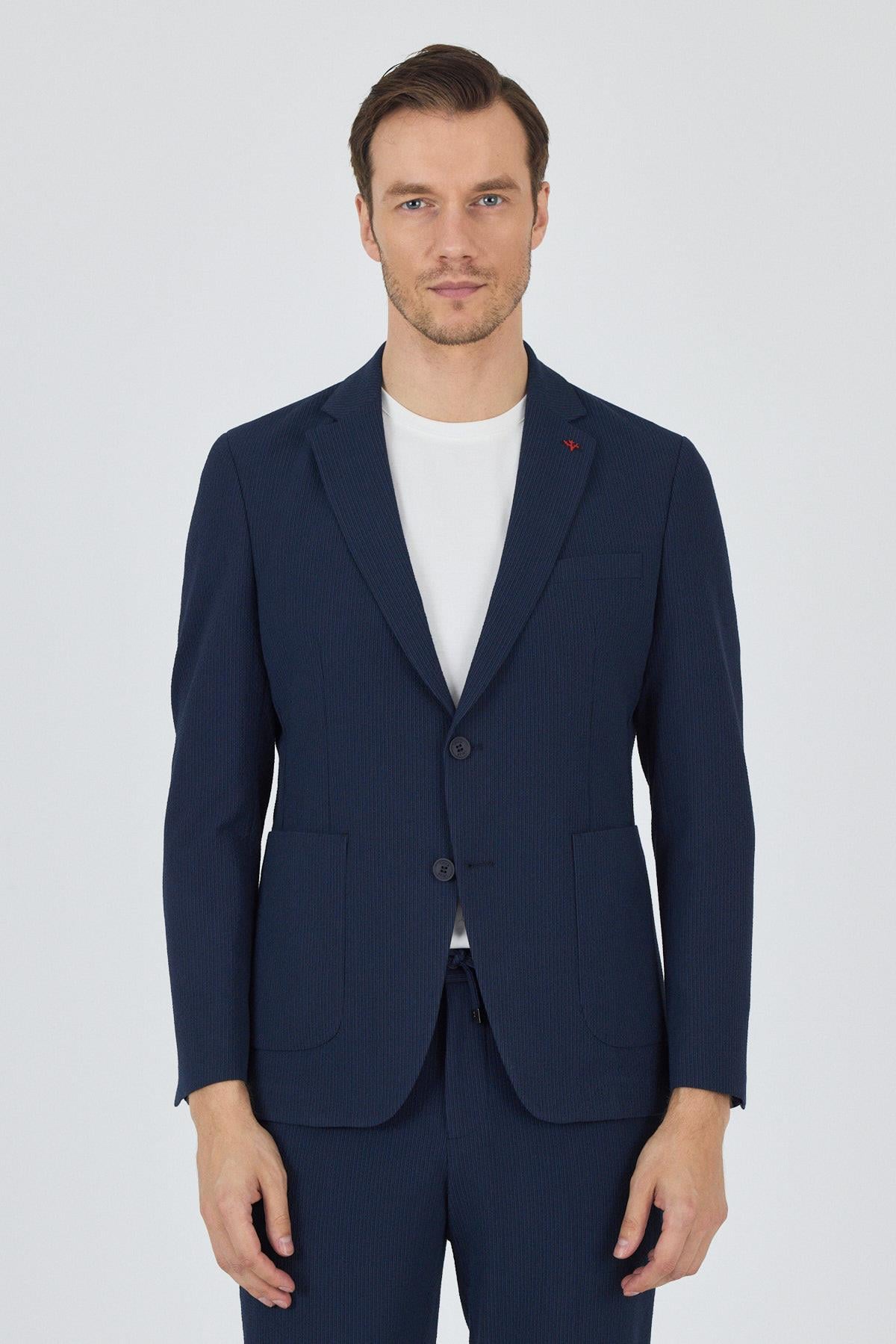 Lacivert  Gofreli Mono Yaka Esnek 6 Drop Slim Fit Classic Takım Elbise 1001250117