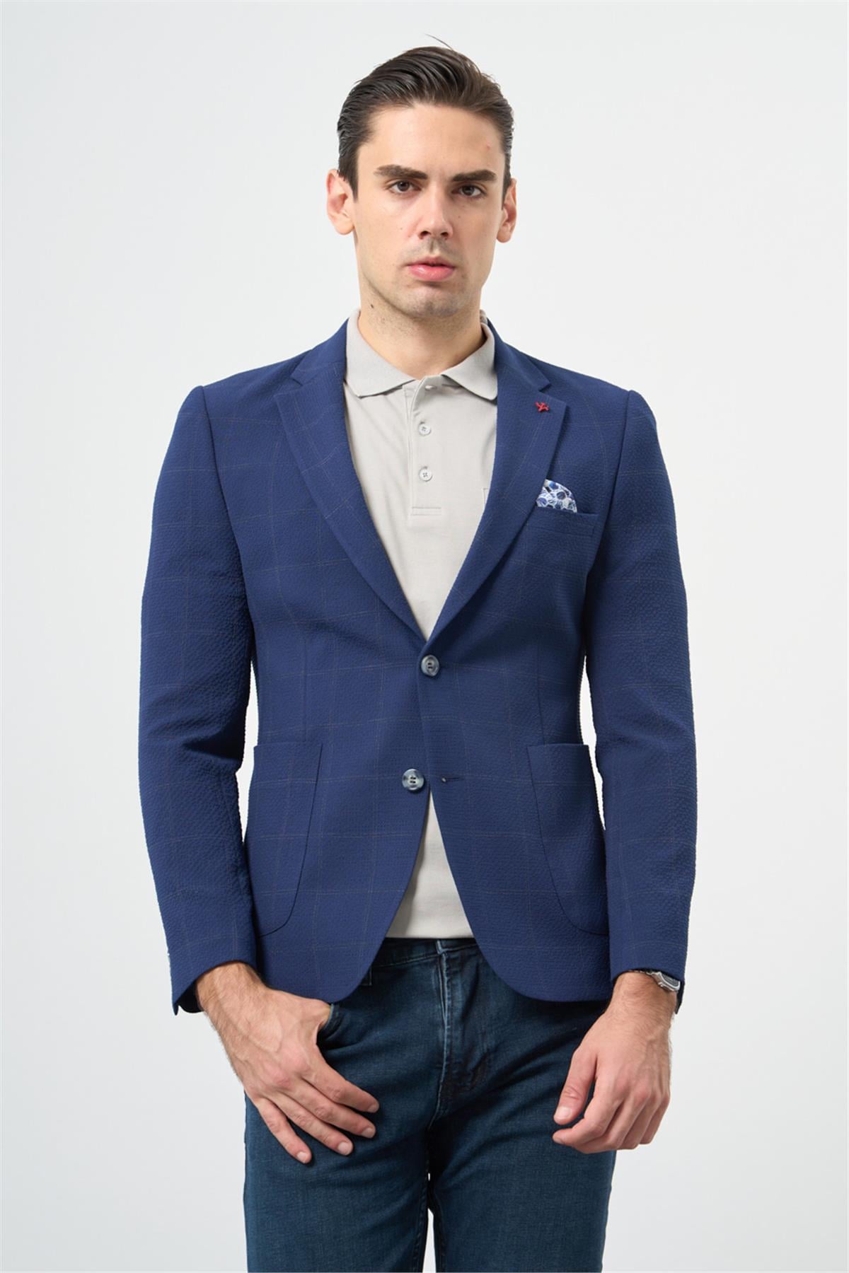 Lacivert Kareli Mono Yaka Likralı 6 Drop Ekstra Slim Fit Casual Ceket 1002240156