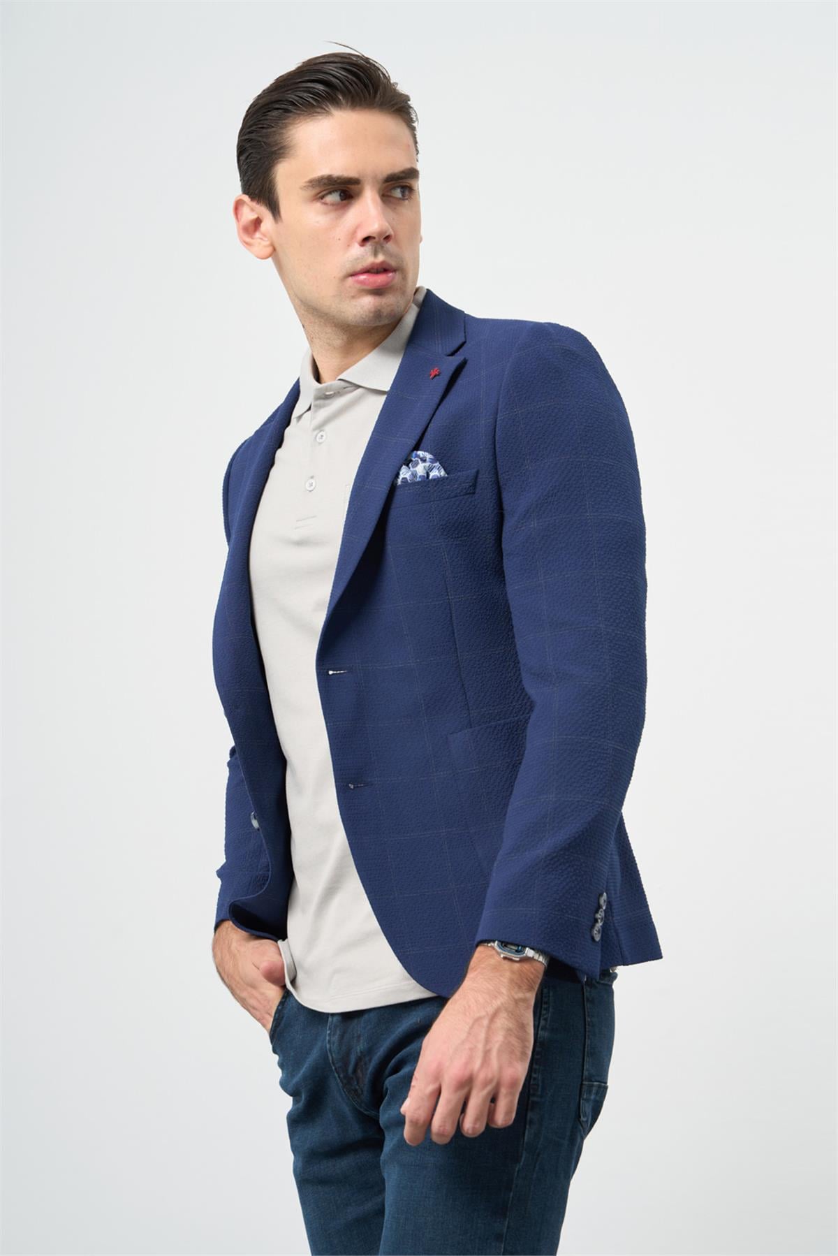 Lacivert Kareli Mono Yaka Likralı 6 Drop Ekstra Slim Fit Casual Ceket 1002240156