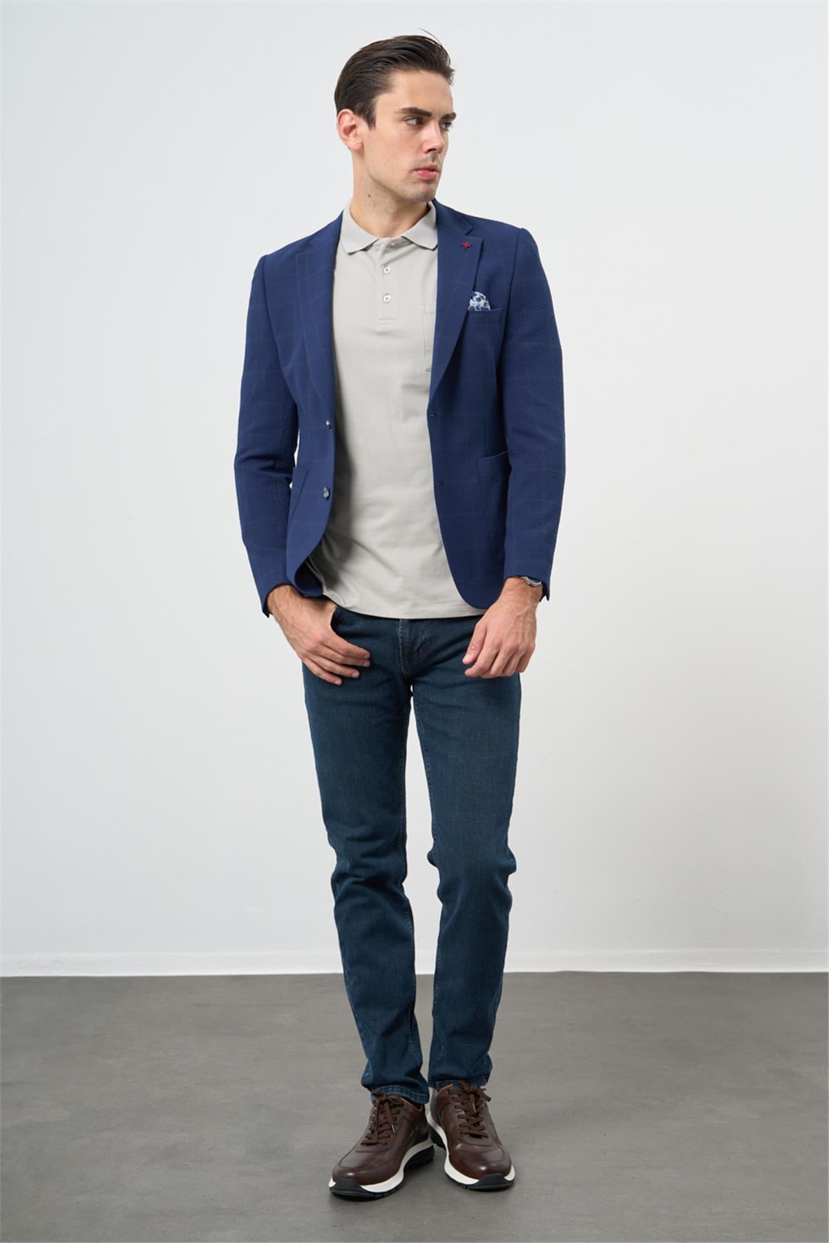 Lacivert Kareli Mono Yaka Likralı 6 Drop Ekstra Slim Fit Casual Ceket 1002240156