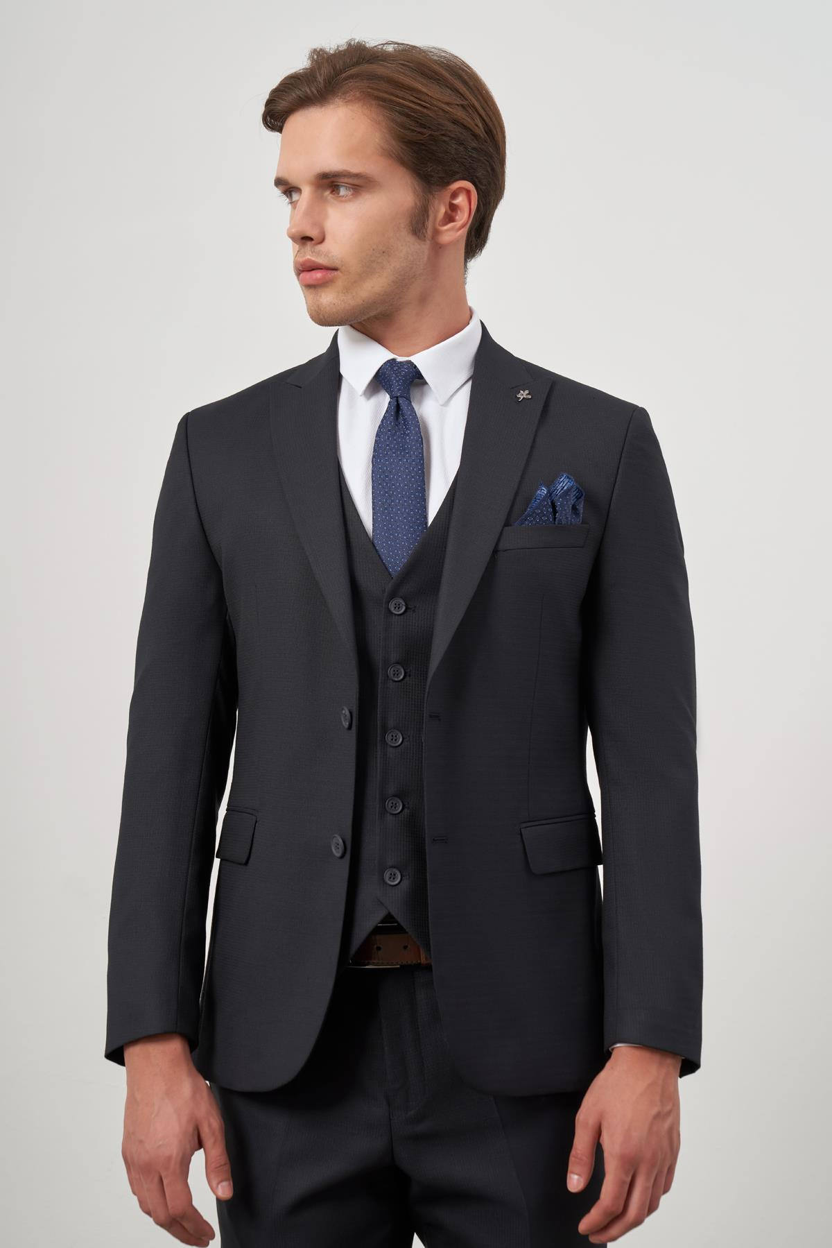 Lacivert Kırlangıç Yaka Yelekli 6 Drop Slim Fit Tam Astar Yünlü Takım Elbise 1001245156