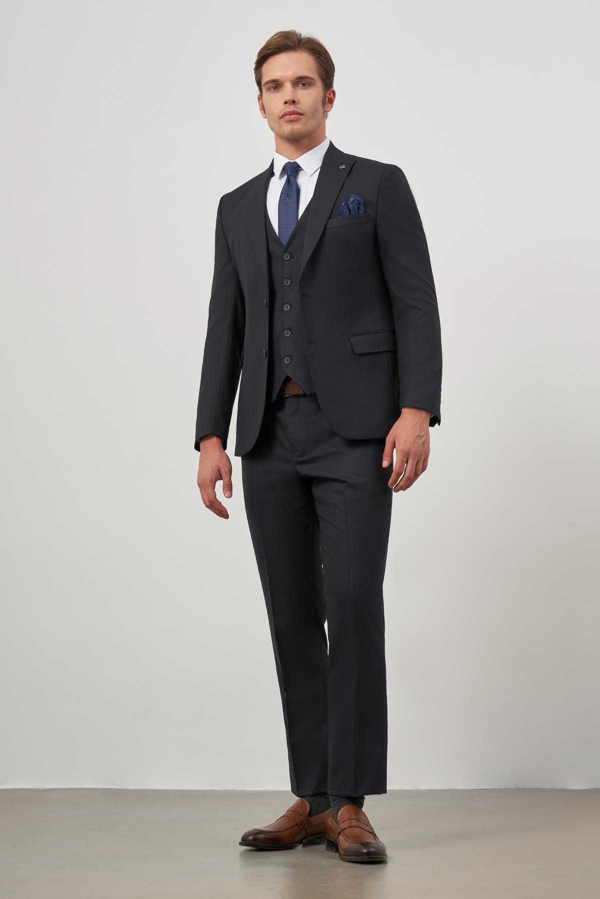 Lacivert Kırlangıç Yaka Yelekli 6 Drop Slim Fit Tam Astar Yünlü Takım Elbise 1001245156