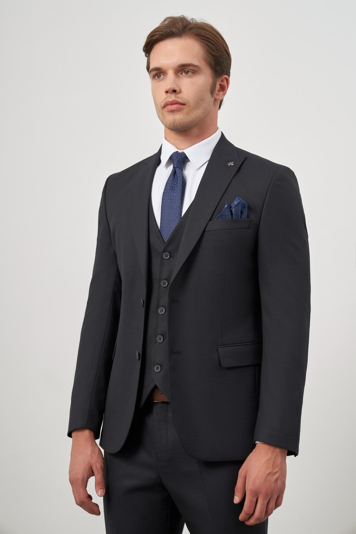 Lacivert Kırlangıç Yaka Yelekli 6 Drop Slim Fit Tam Astar Yünlü Takım Elbise 1001245156