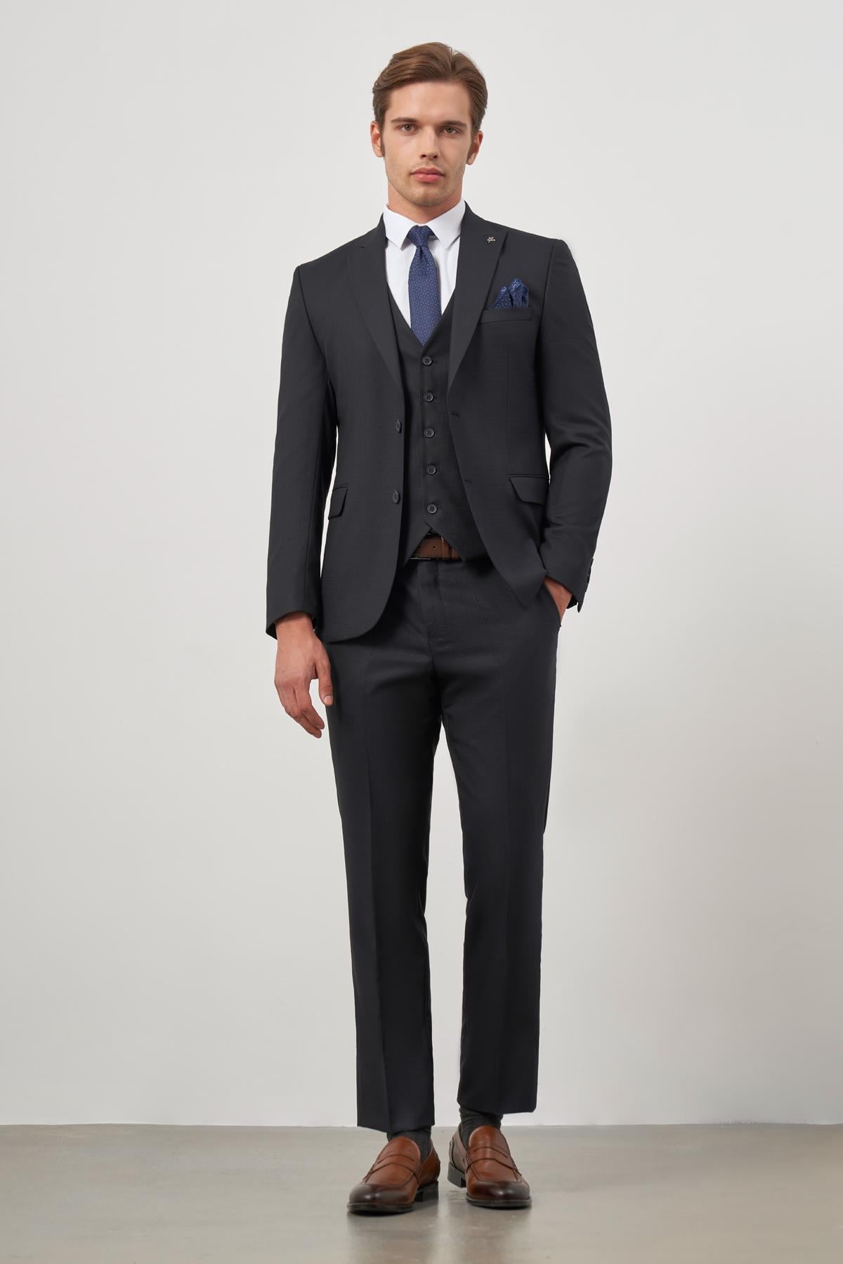 Lacivert Kırlangıç Yaka Yelekli 6 Drop Slim Fit Tam Astar Yünlü Takım Elbise 1001245156