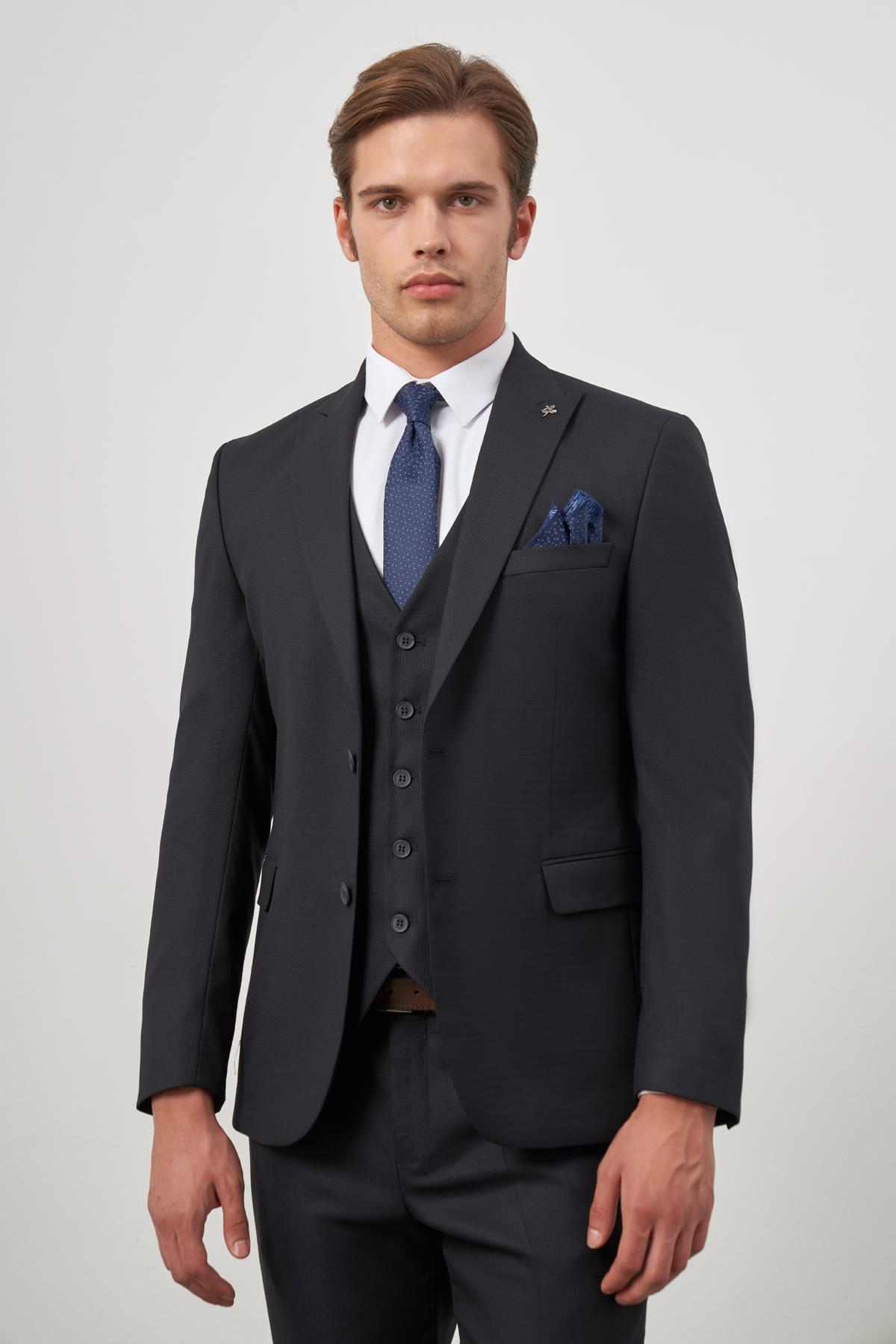 Lacivert Kırlangıç Yaka Yelekli 6 Drop Slim Fit Tam Astar Yünlü Takım Elbise 1001245156