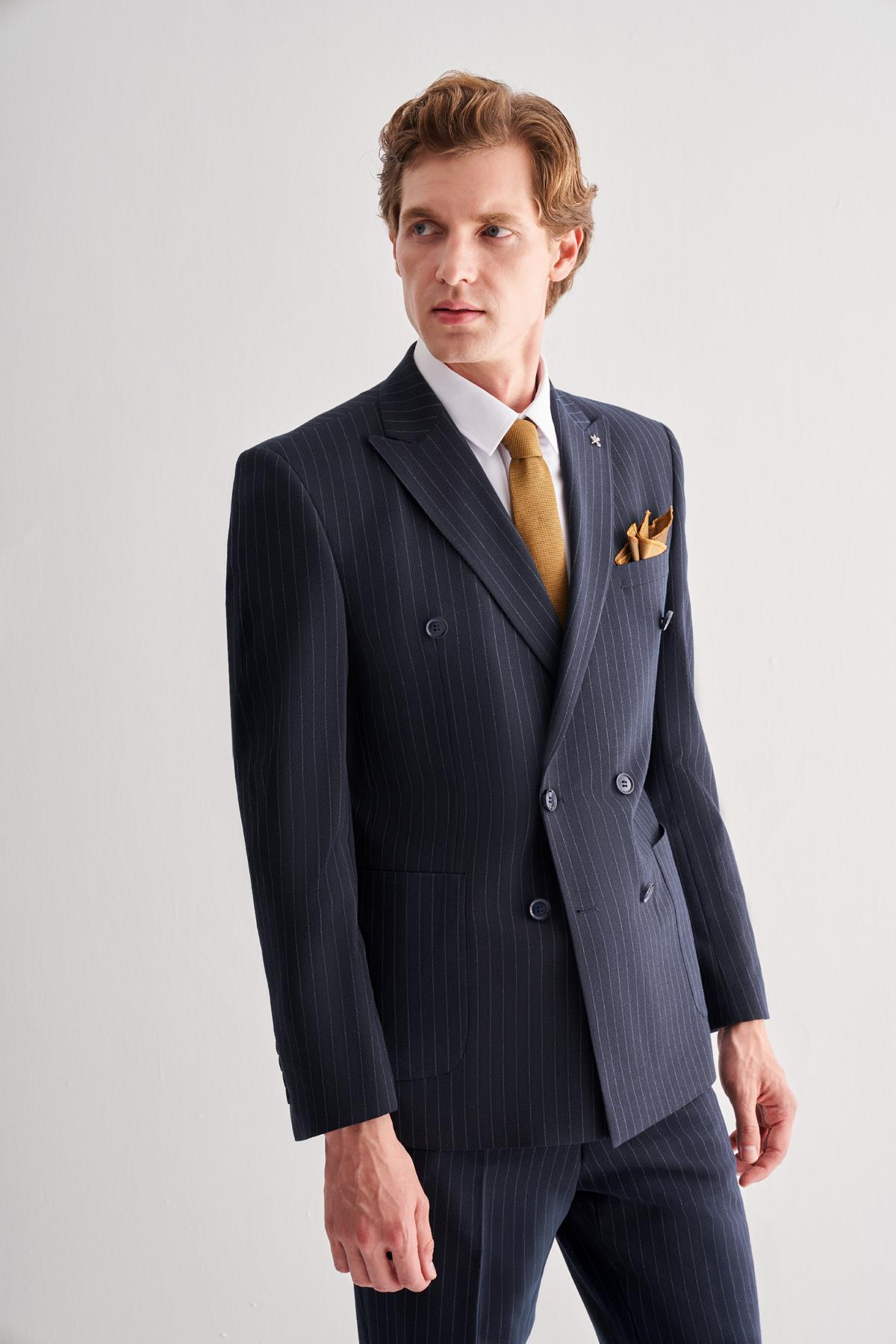 Lacivert Kırlangıç Yaka Çizgili Kruvaze 6 Drop Slim Fit Tam Astar Esnek Takım Elbise 1001255154