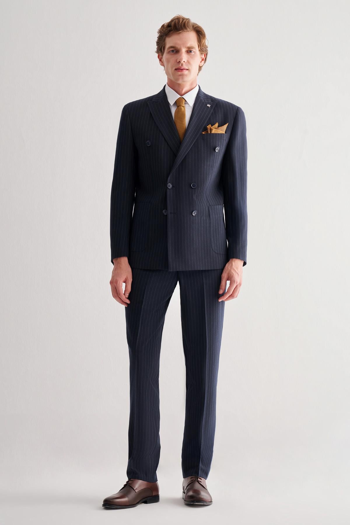 Lacivert Kırlangıç Yaka Çizgili Kruvaze 6 Drop Slim Fit Tam Astar Esnek Takım Elbise 1001255154