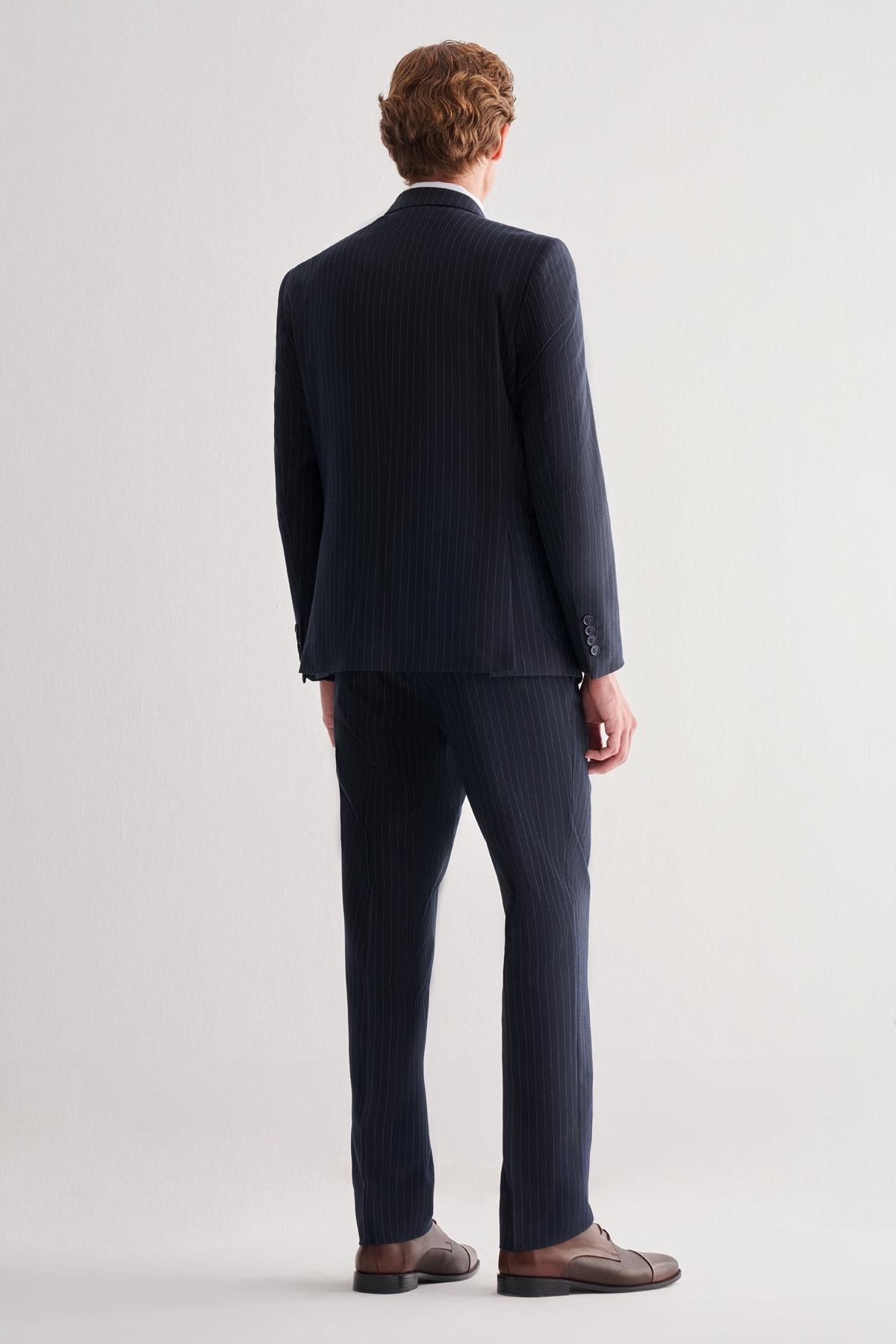 Lacivert Kırlangıç Yaka Çizgili Kruvaze 6 Drop Slim Fit Tam Astar Esnek Takım Elbise 1001255154