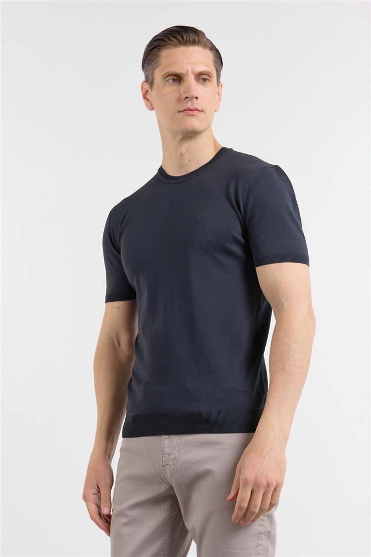 Lacivert Kısa Kol Bisiklet Yaka Basic Slim Fit Tişört 1011250179